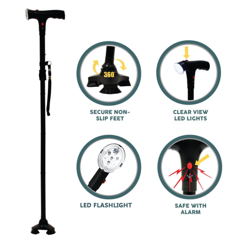 Collapsible Adjustable Height Cane With LED Light Alert Button Walking Stick