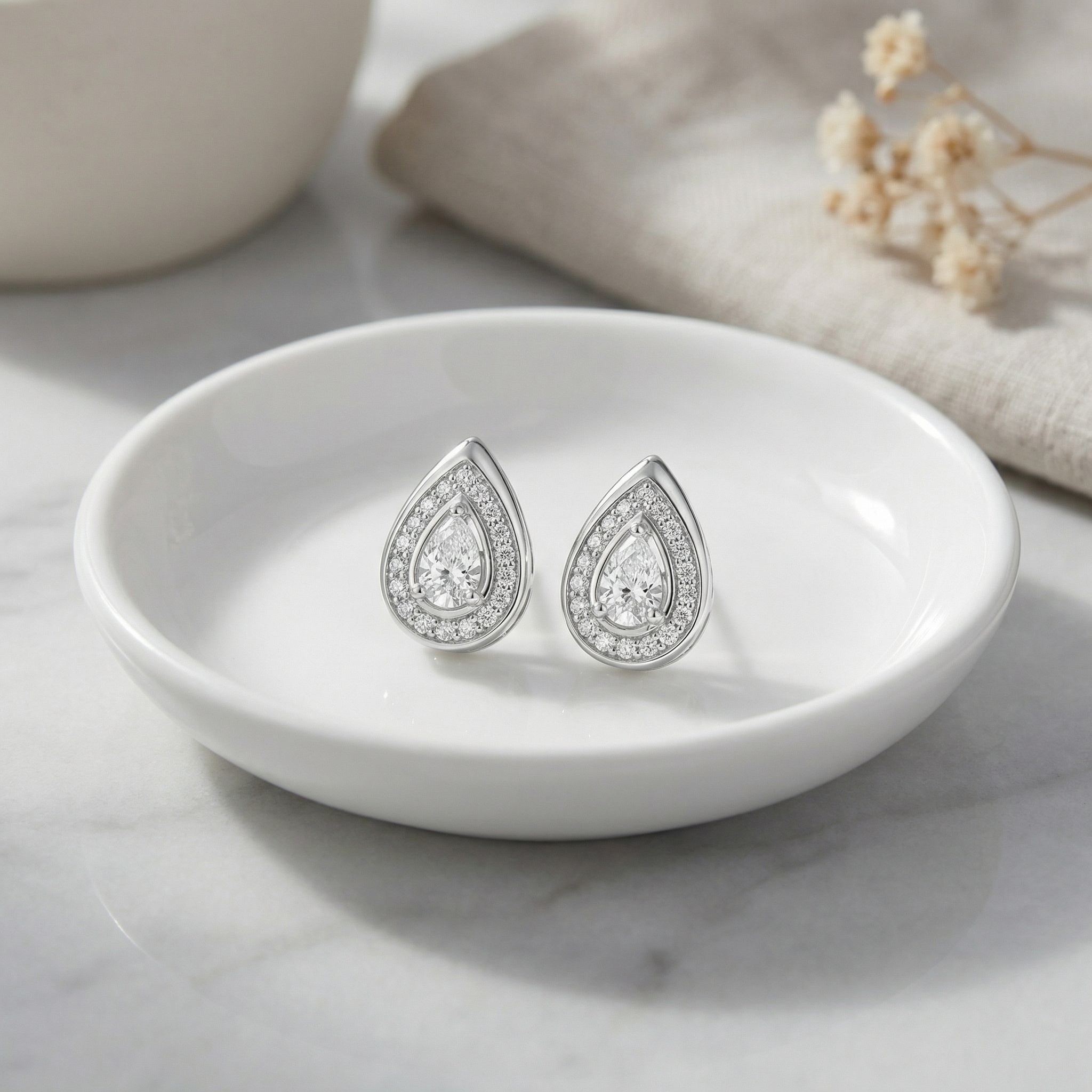 925 Sterling Silver Elegant Pear-Cut Halo Teardrop Stud Earrings in Sterling Silver-Tone Finish 