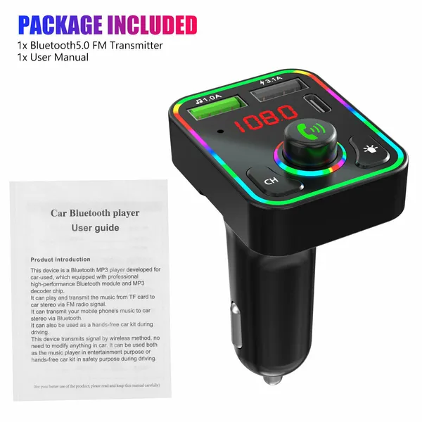 2 Pcs Wireless Car FM Transmitter Mini LED Screen MP3 Bluetooth 5.0 Fast PD Adapter