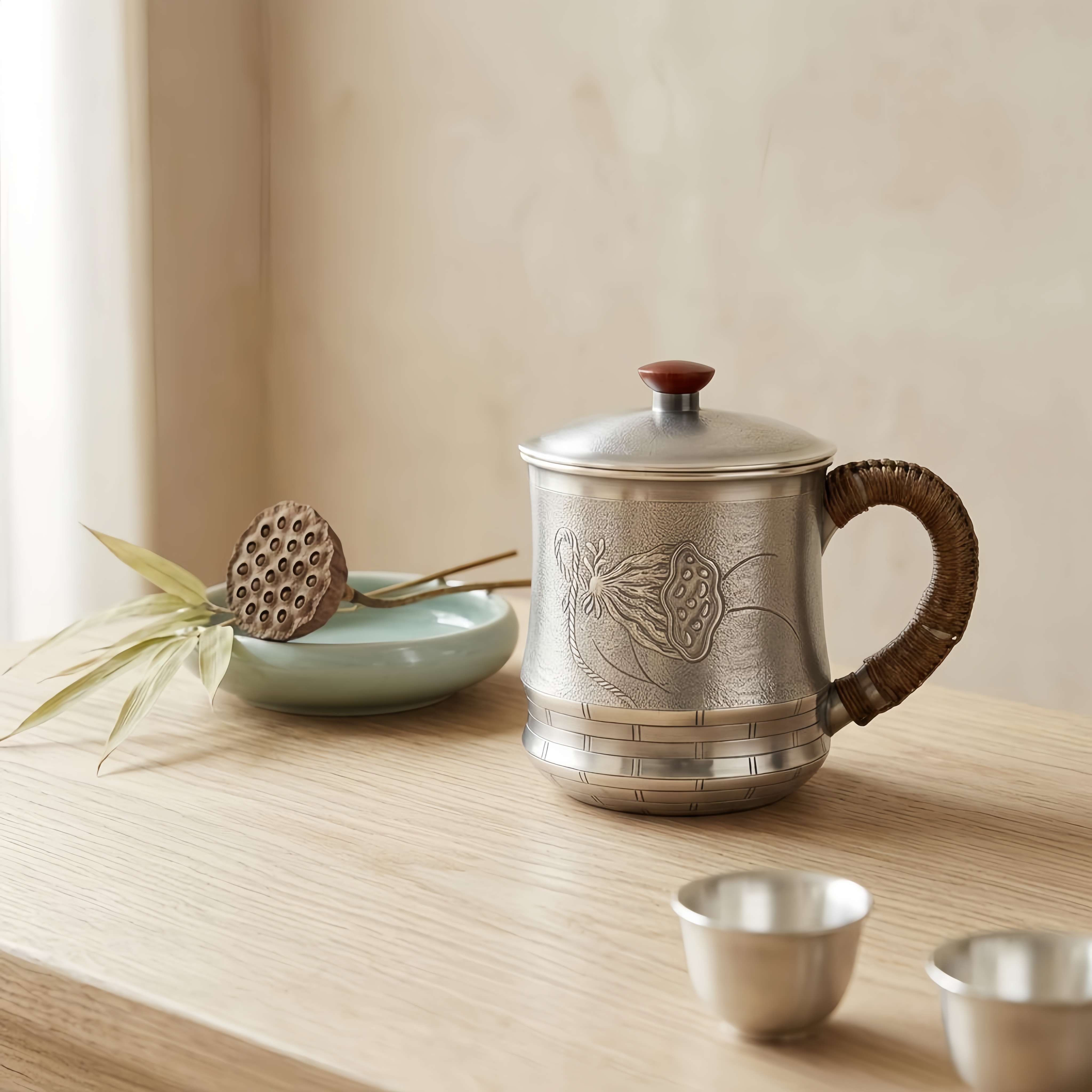 Pure 999 Fine Silver Elegant Handcrafted  Mug with Wooden Handle and Rattan Accent-Premium Tea Mug - Handicraft