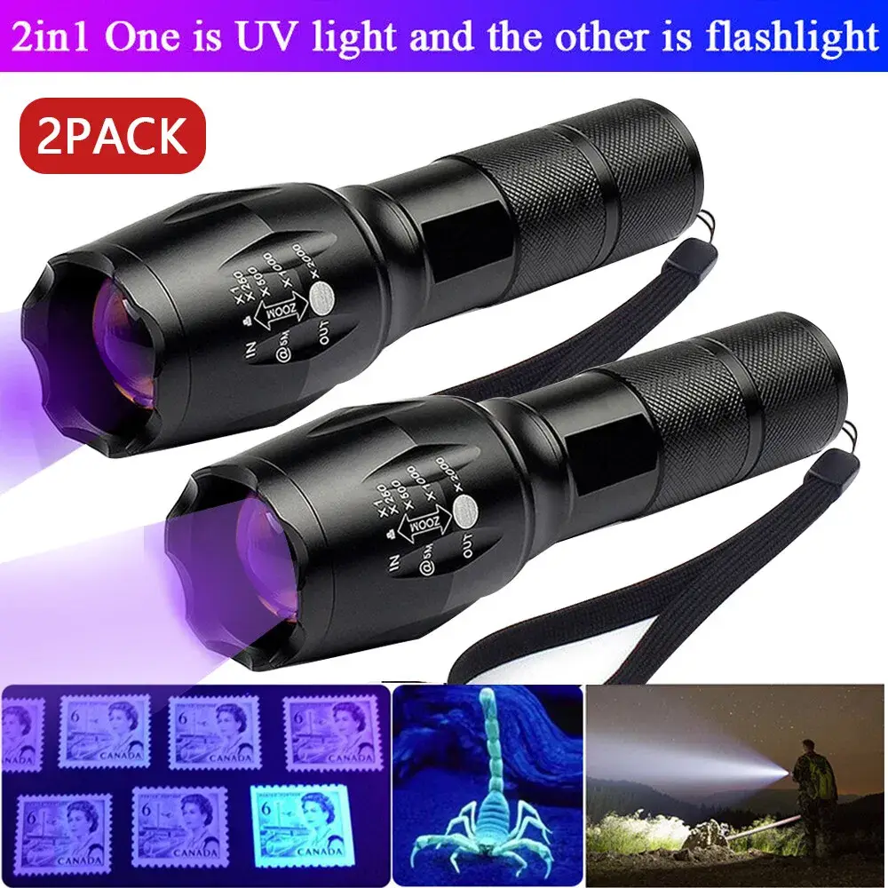 UV Flashlight LED Torch Zoomable Ultra Violet Black White Dual Light Detector