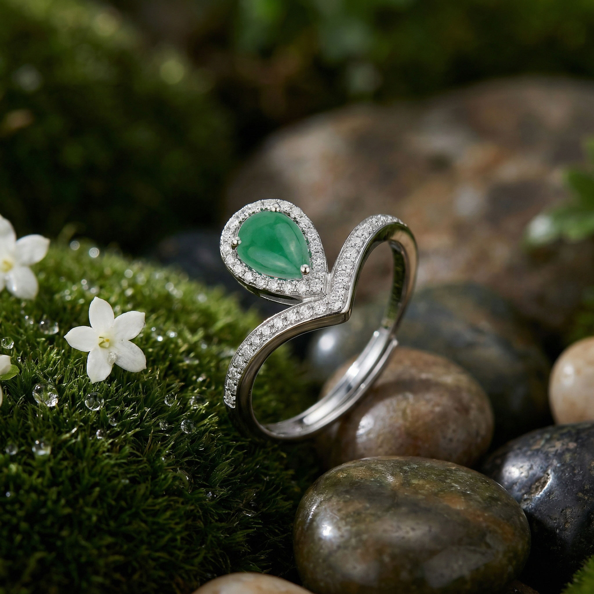 925 Sterling Silver Elegant Pear-Shaped Emerald Halo V-Shaped Adjustable Ring in Silver Tone 