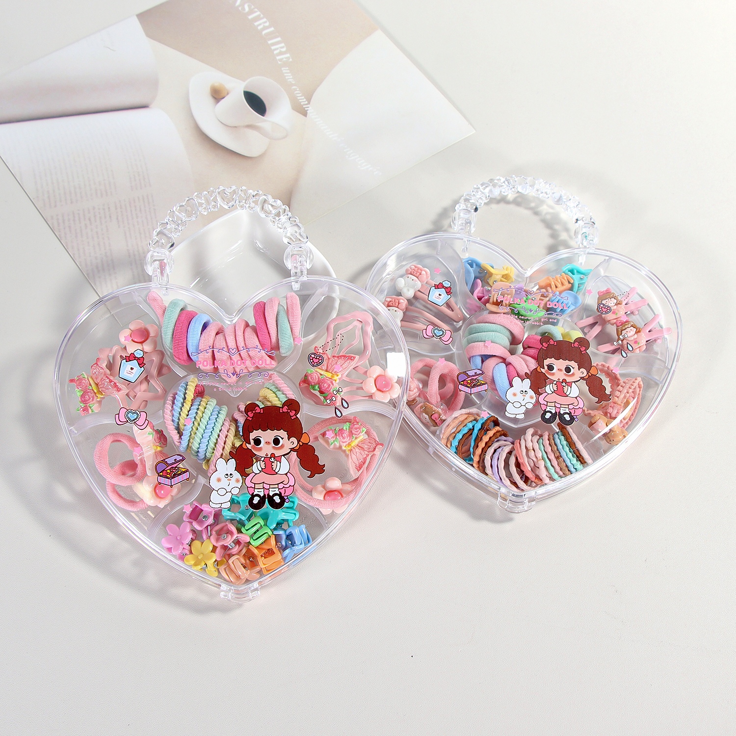 Heart-shaped hair accessories set-head rope + hair clip-mixed-transparent shell-1 set