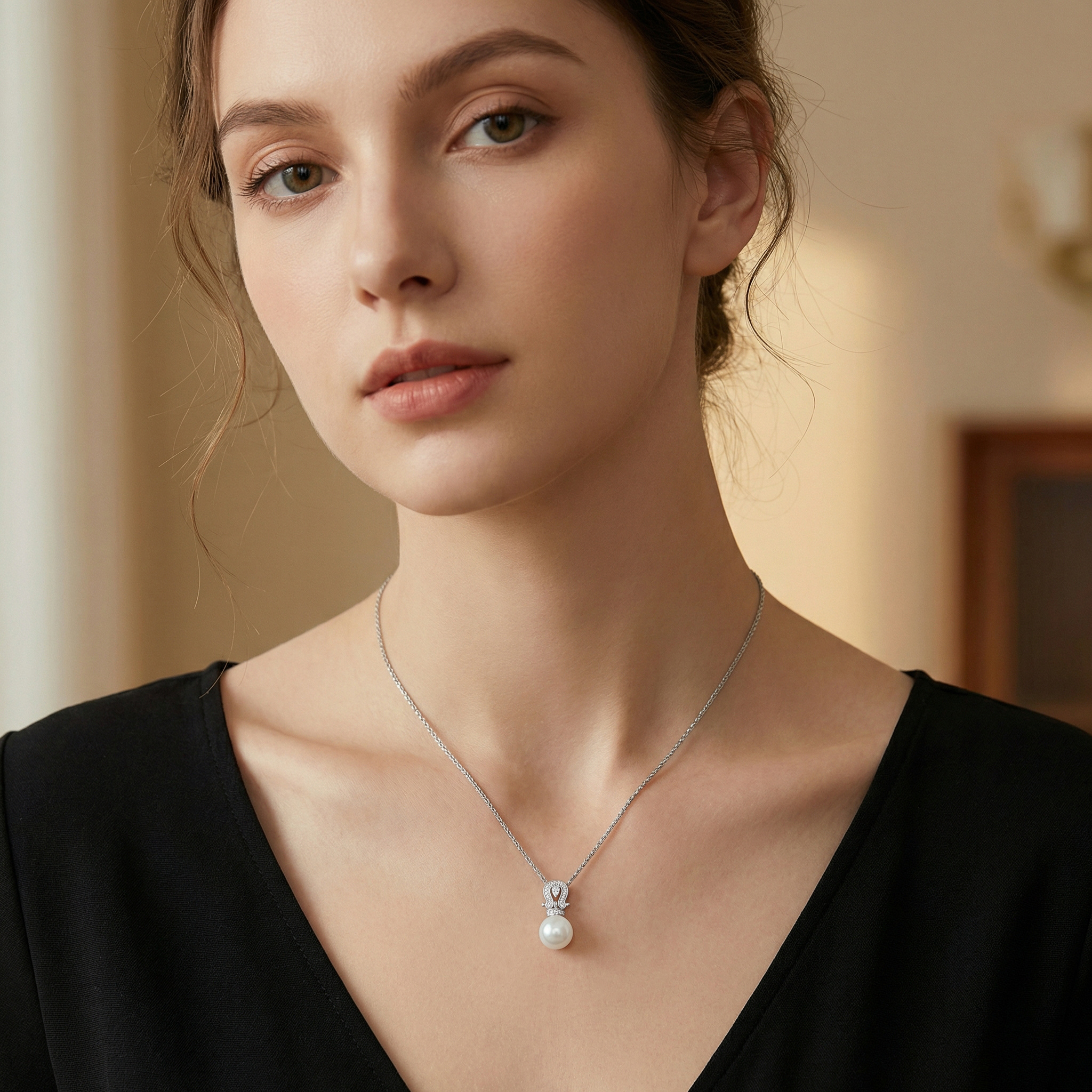 925 Sterling Silver Elegant Silver Horseshoe Pearl Necklace with Sparkling Accents 