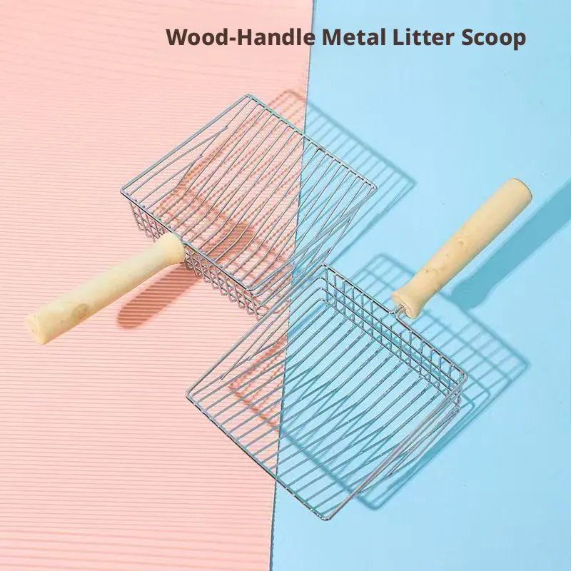 Cat litter shovel with wooden handle-electroplated silver-iron-eucalyptus