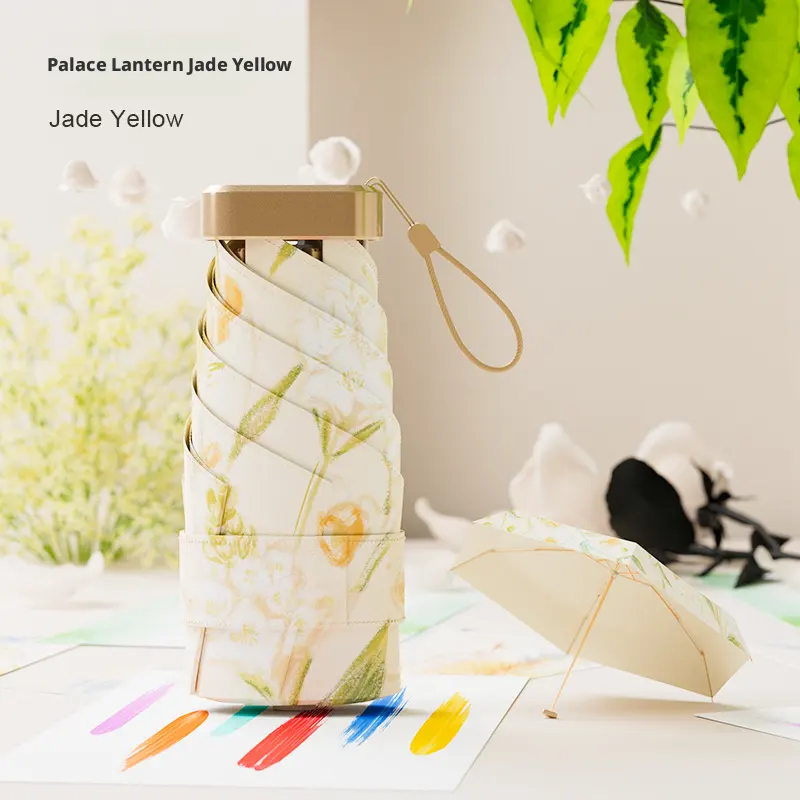 Printed sunny umbrella-6 bones-palace lantern jade yellow-polyester