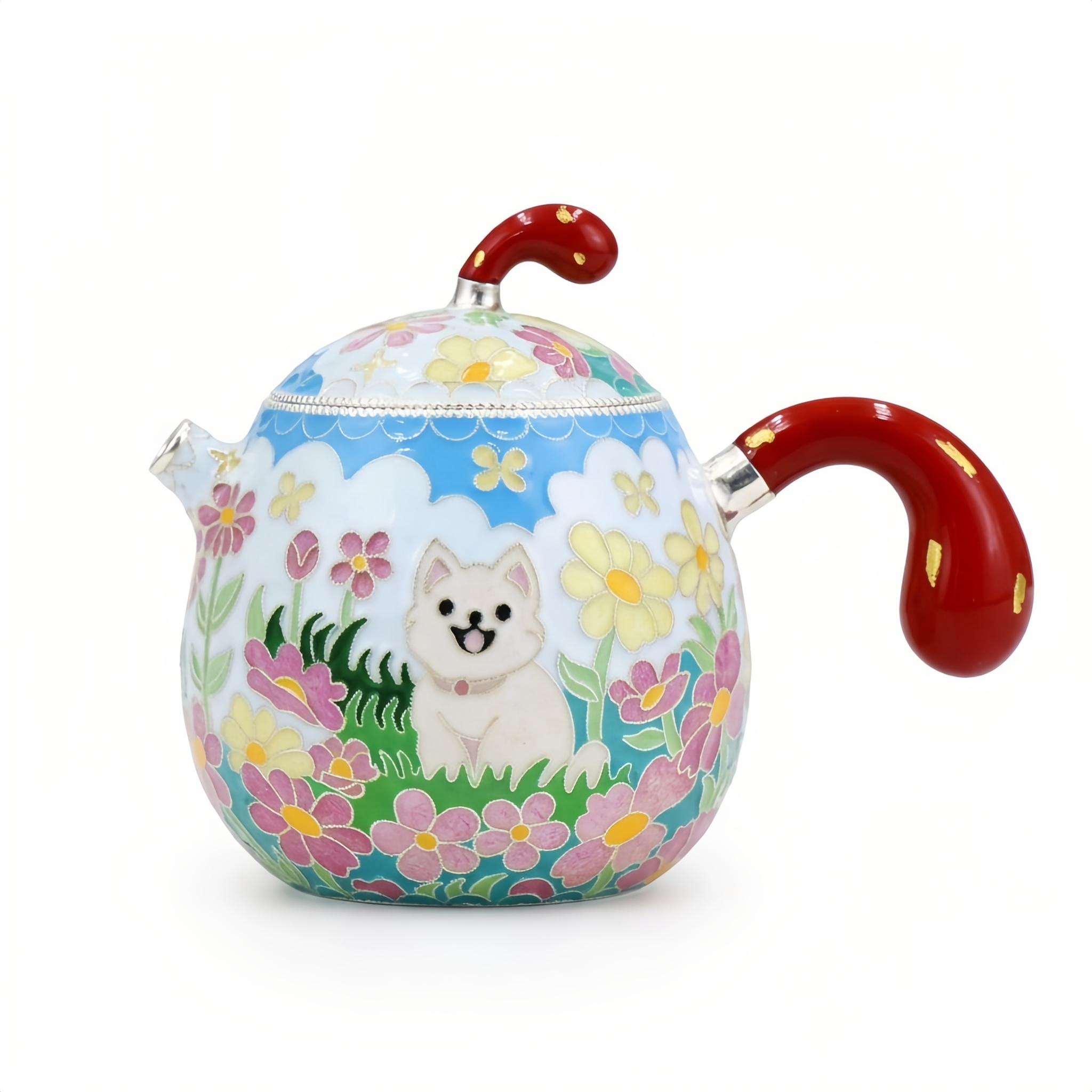 925 Sterling Silver Enchanting Cloisonné Teapot with a Charming White Dog and Vibrant Floral Garden Design - Handicraft