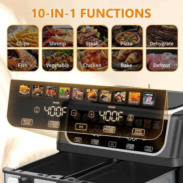 9.5 Quart Large Dual Basket Air Fryer With Double Basket, Independent Temp Control & Sync Mode, 10 Presets - Bake&Broil&Defrost&Dehydrate, Shake Reminder System