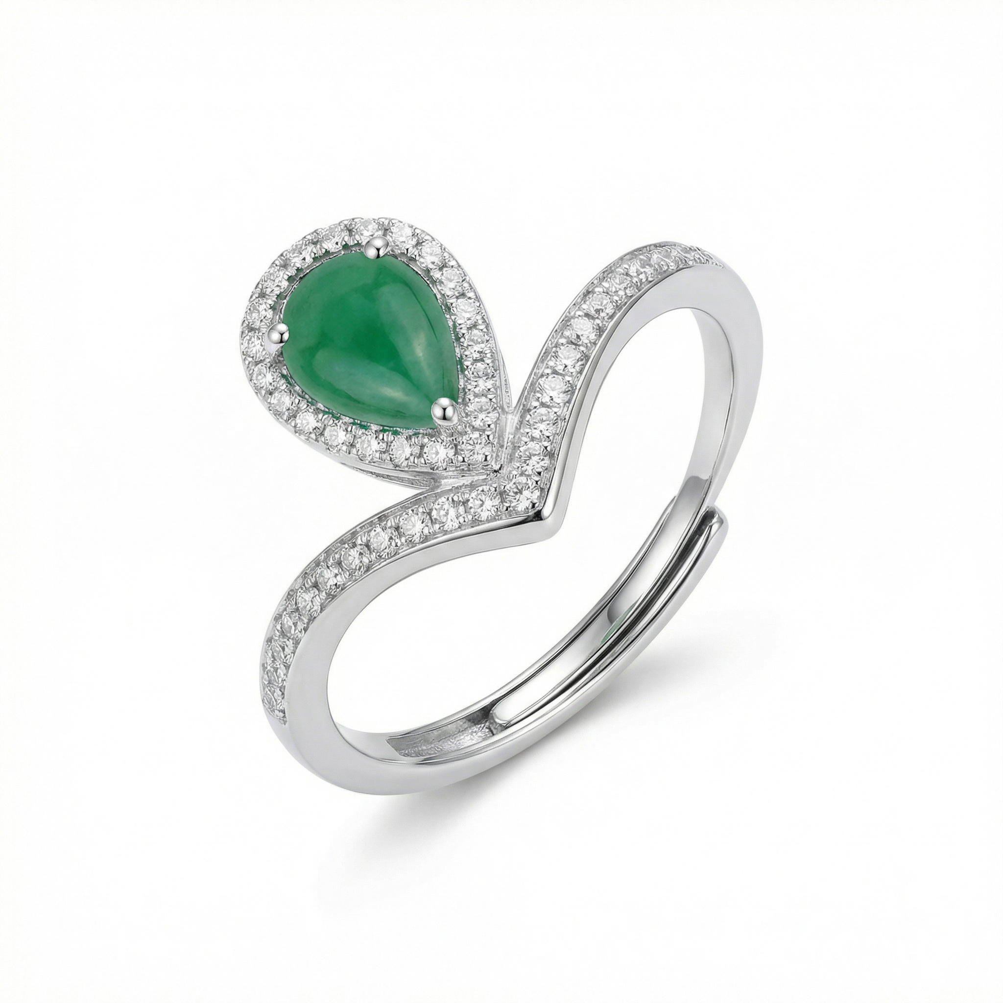 925 Sterling Silver Elegant Pear-Shaped Emerald Halo V-Shaped Adjustable Ring in Silver Tone  - Image 1