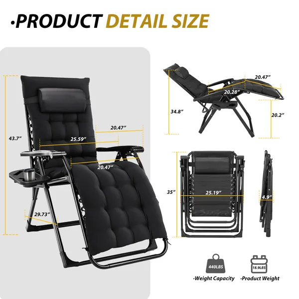 Zero Gravity Chair, Reclining Camping Lounge Chair For Indoor, Reclining Patio Chairs With Cup Holder Trays And… - 3