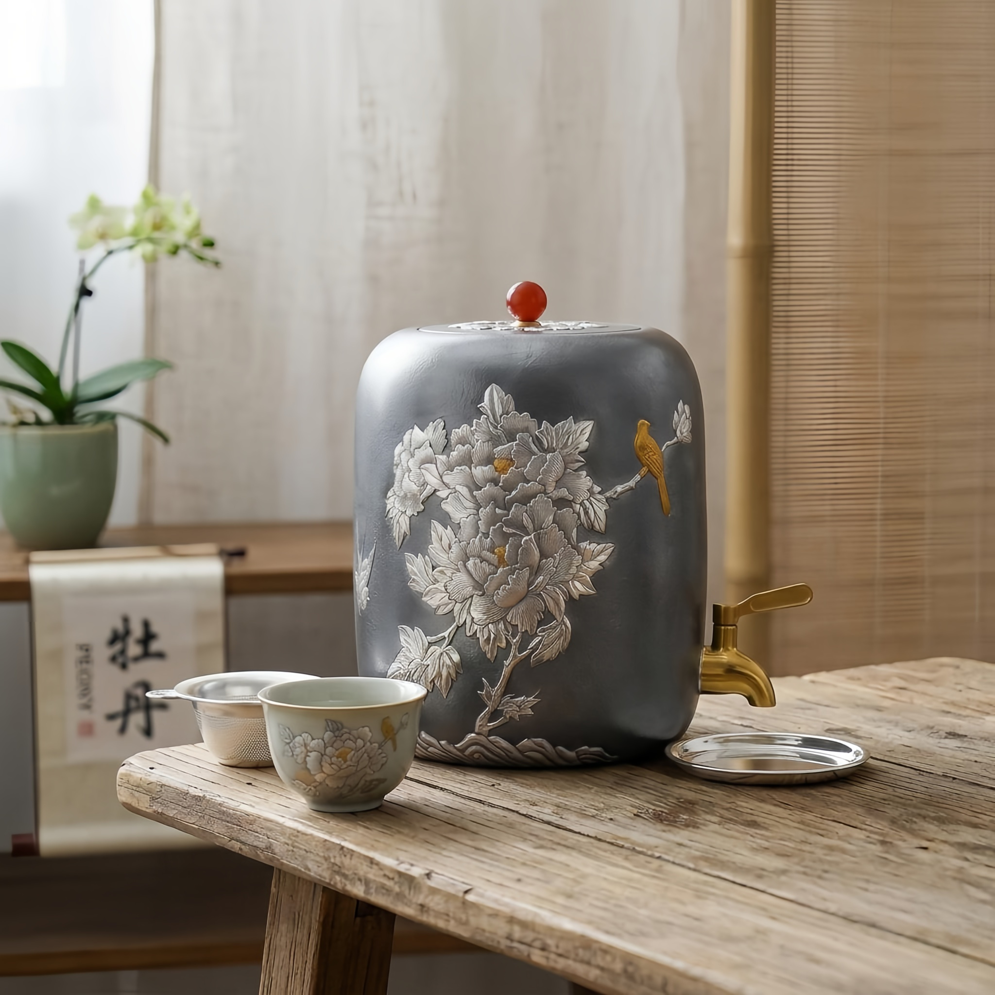 Pure 999 Fine Silver Handcrafted Silver-Plated Peony Relief Liquid Dispenser with Bird Detail and Spigot - Handicraft