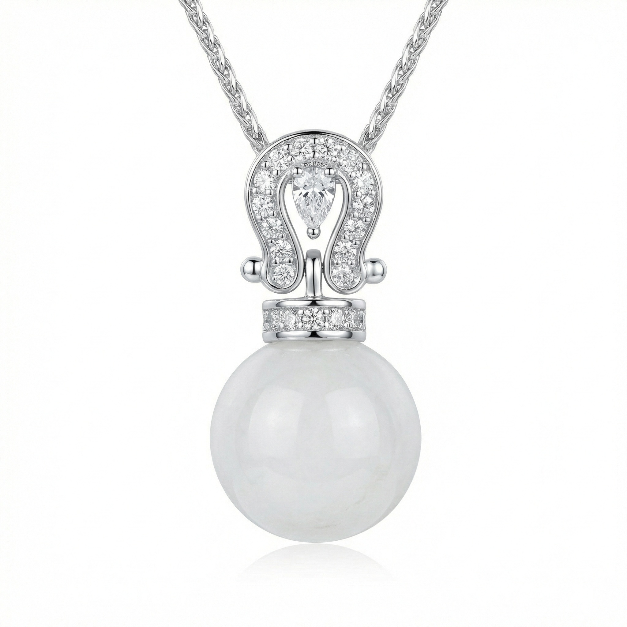 925 Sterling Silver Elegant Silver Horseshoe Pearl Necklace with Sparkling Accents 
