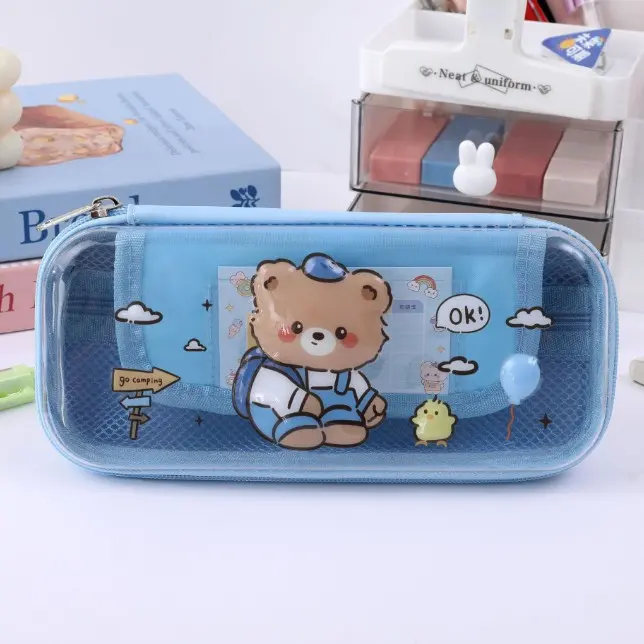 Transparent Grid Pencil Case-Blue