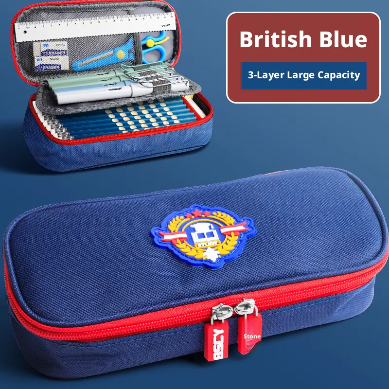 College style pencil case-three-layer-blue and red-Oxford cloth