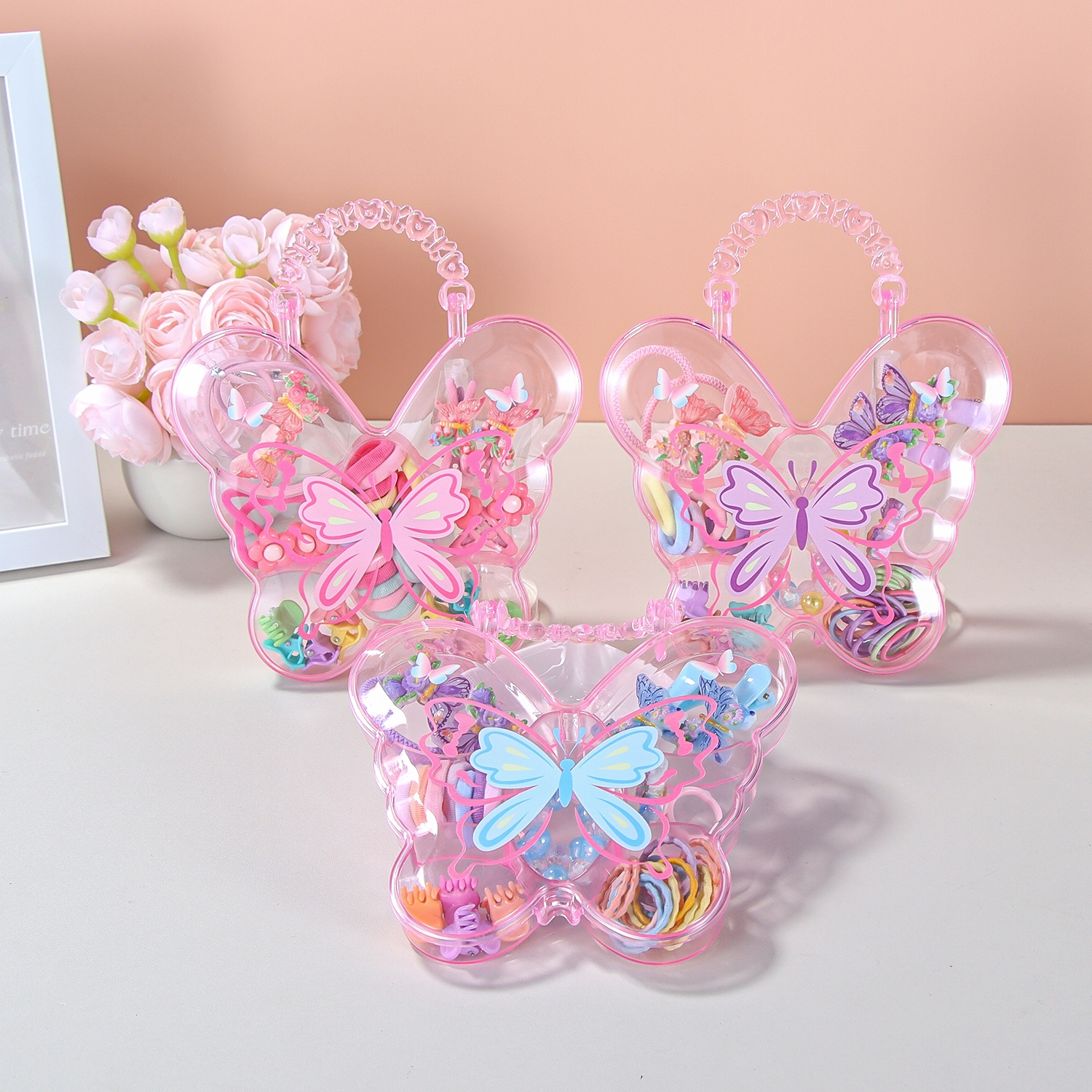 Butterfly hair accessories set-head rope + hair clip-mixed-transparent shell-1 set