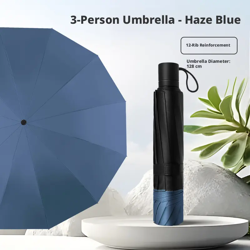 Wind-resistant umbrella-12 bones-haze blue-polyester fiber + alloy