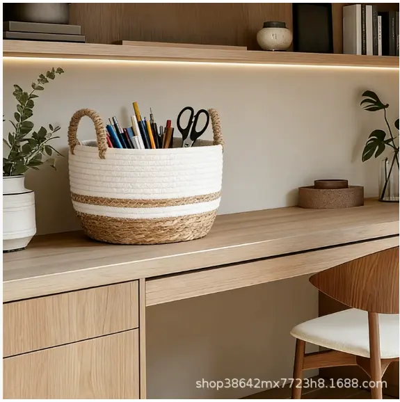 Desktop storage debris basket-handle model-white-cotton rope +