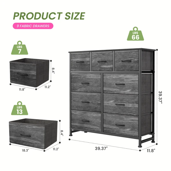 Dresser For Bedroom With 9 Fabric Storage Drawer Wardrobe Tall Chest Organizer... 2
