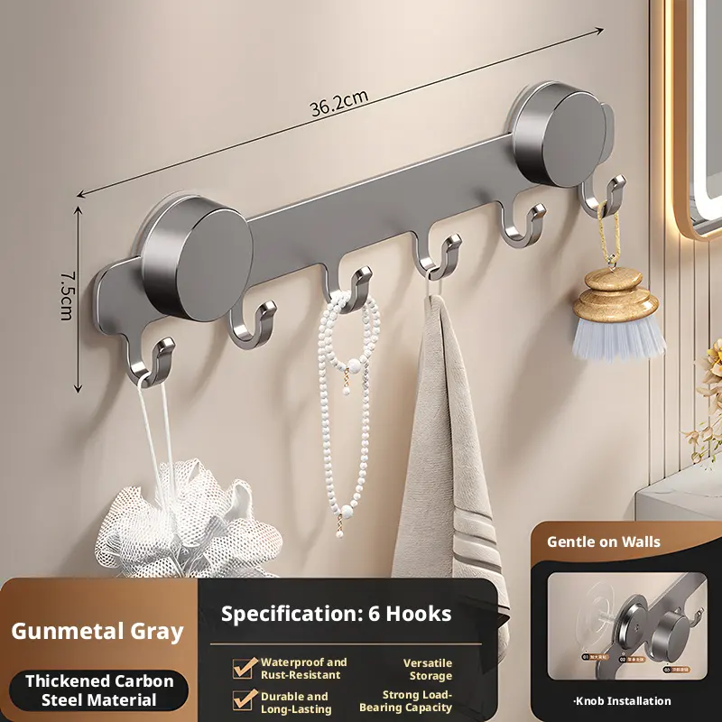 Coat rack-hole-free suction cup type-6 hooks-gun gray-carbon