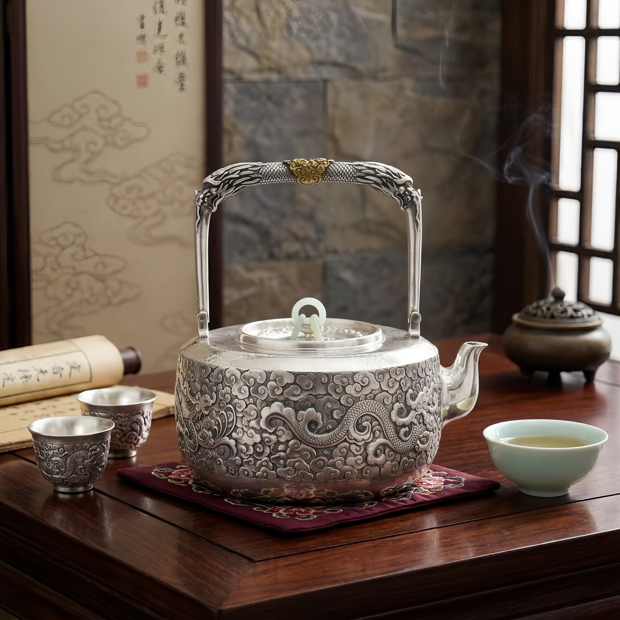 Pure 999 Fine Silver Exquisite Silver Teapot Featuring Intricate Dragon and Cloud Repoussé with Jade Ring Accent - Handicraft