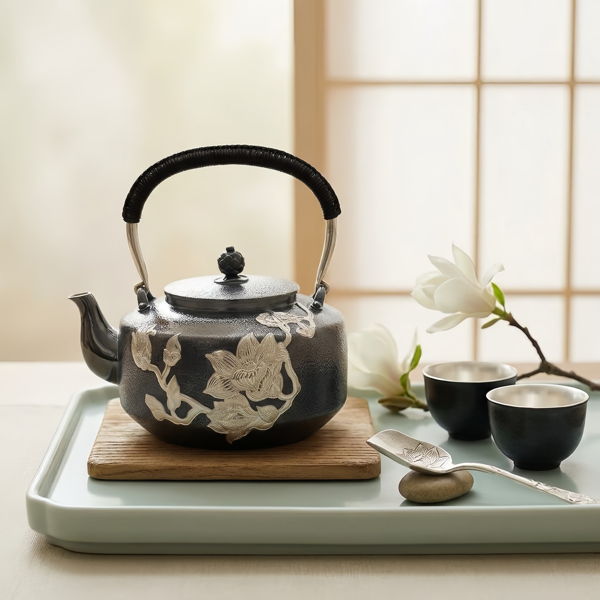 Pure 999 Fine Silver Elegant Silver Magnolia Floral Relief Black Textured Metal Teapot with Rattan-Wrapped Handle - Handicraft