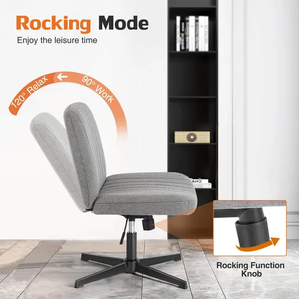 Cross Legged Office Living Room Rocking Gaming Chair Armless Wide Desk Adjustable Swivel Fabric Task Vanity Home Office image 3