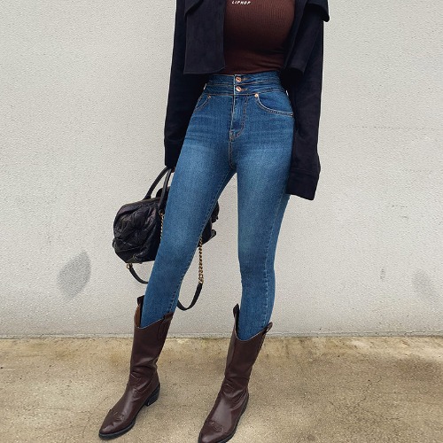 Hip lifting Tight fitting Denim Women's Slim And Tall Buttocks Elastic Nine point Pencil Pants Navy - Shop at LoveMi