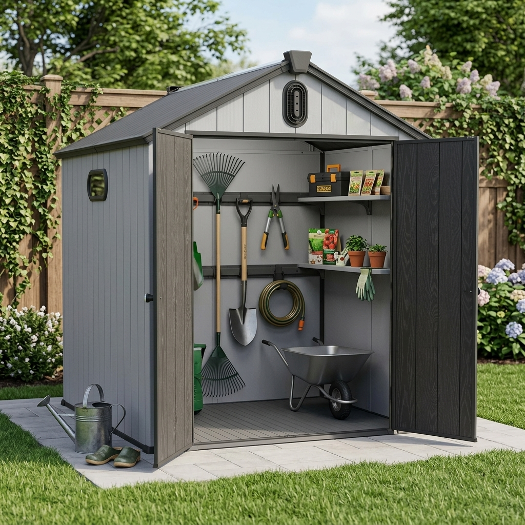 6x8ft Resin Plastic Storage Shed For B Ackyard Garden Big Spire Tool Storage - Image 1