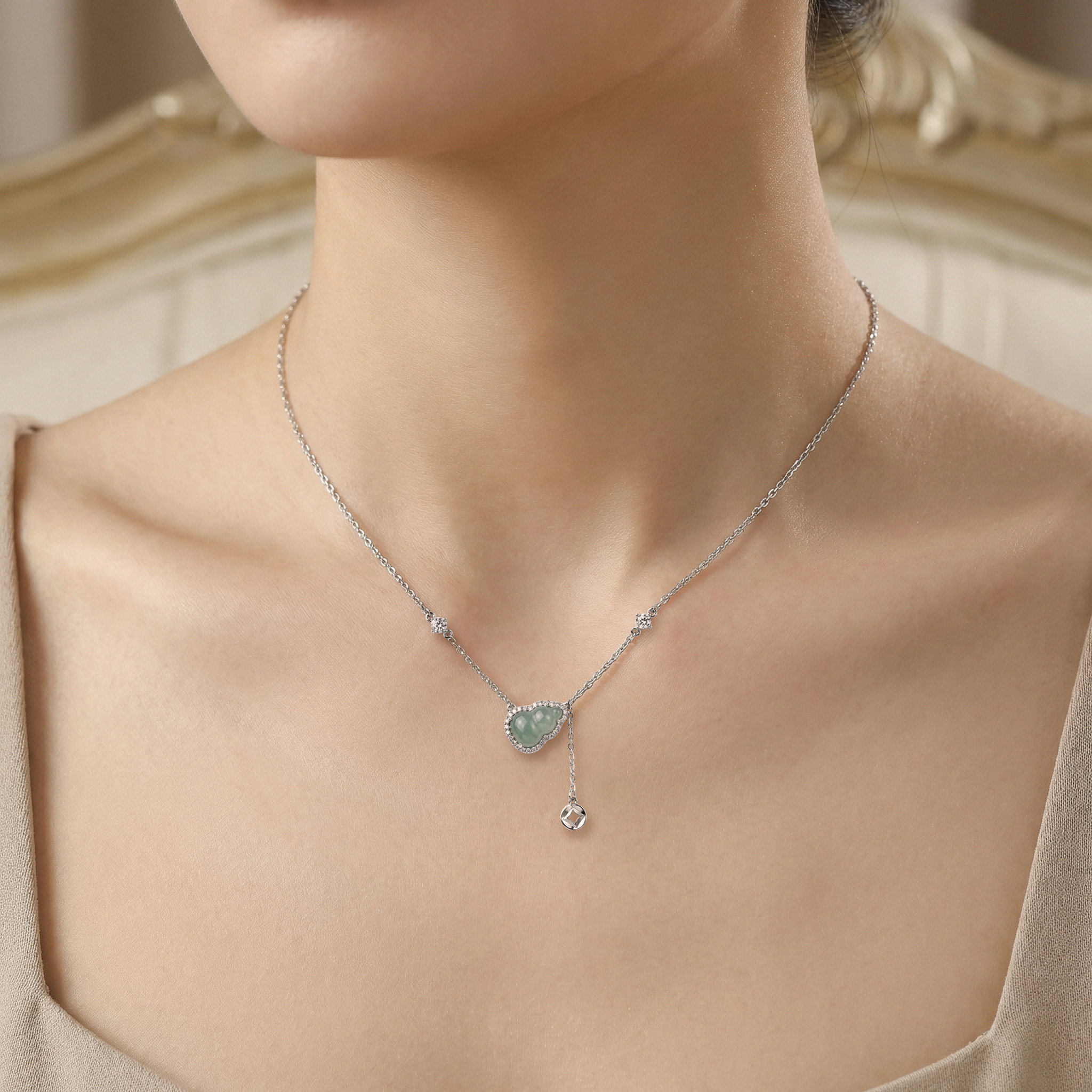 Sterling Silver Jade Gourd Necklace, picture 2 of 3