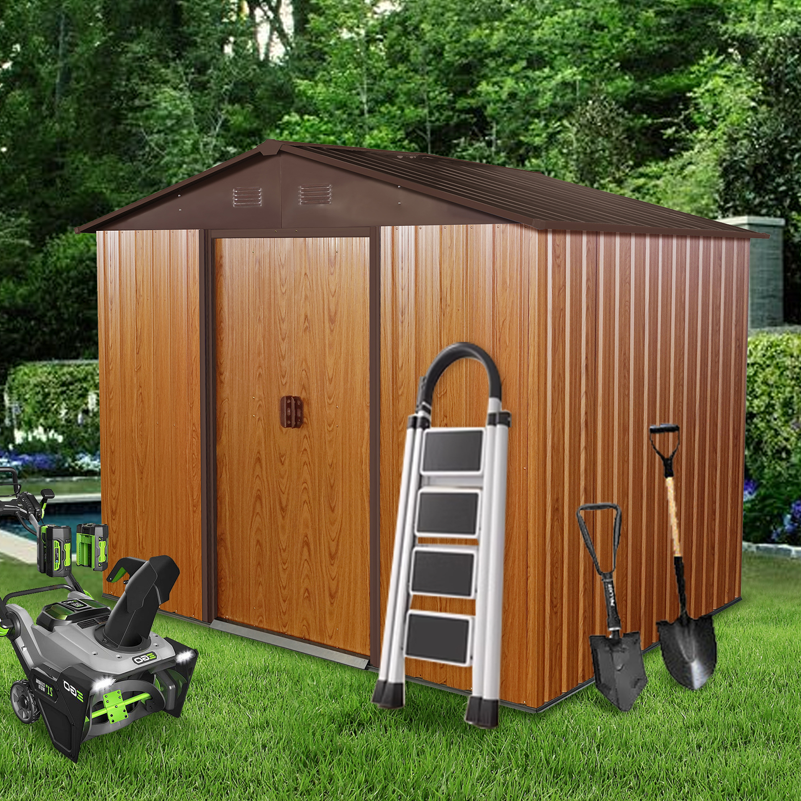 8ft X 6ft Outdoor Metal Storage Shed With Metal Foundation,Coffee