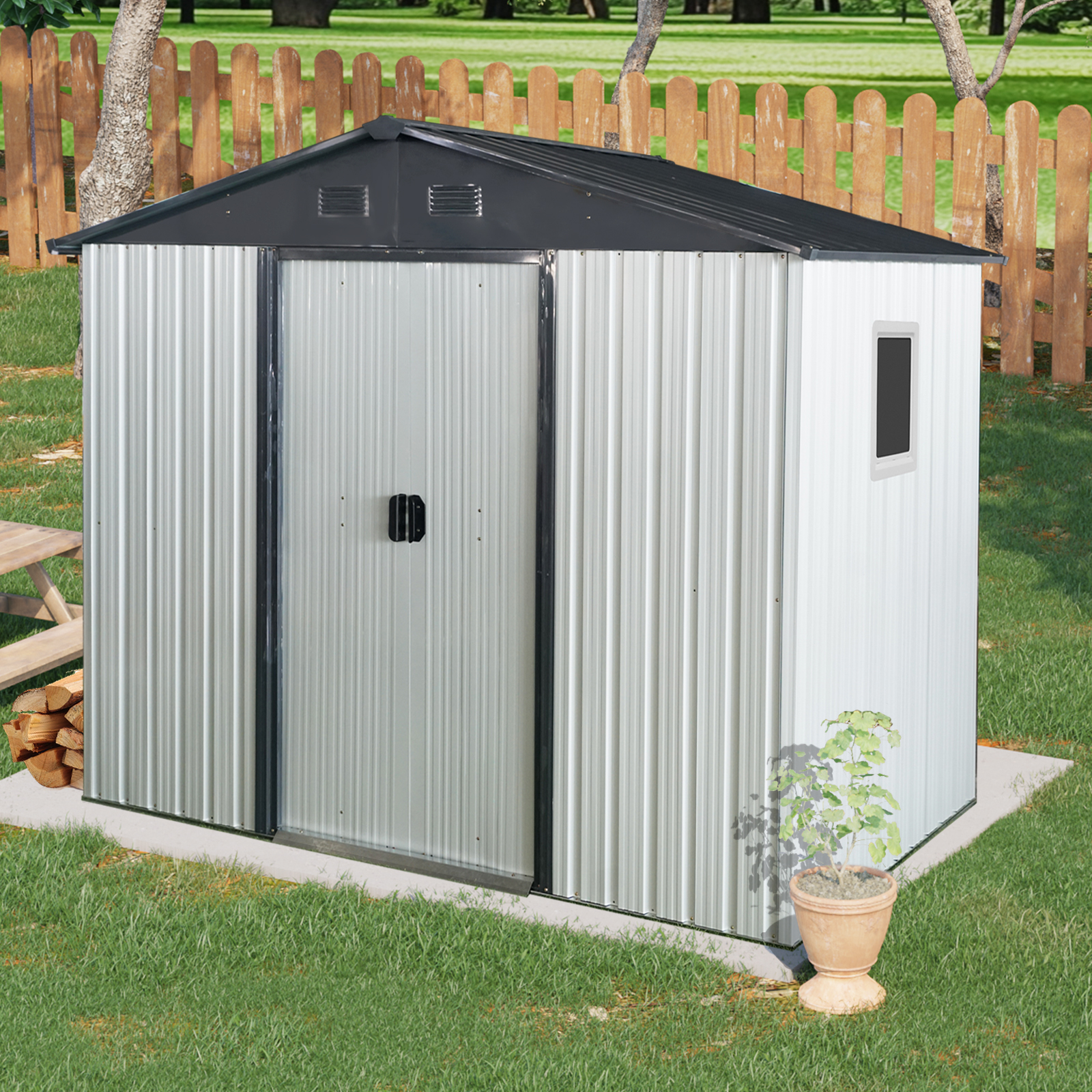 8ft X 4ft Outdoor Metal Storage Shed With Window And Metal Foundation For Backyard, Patio, Lawn --White And Black - Image 1