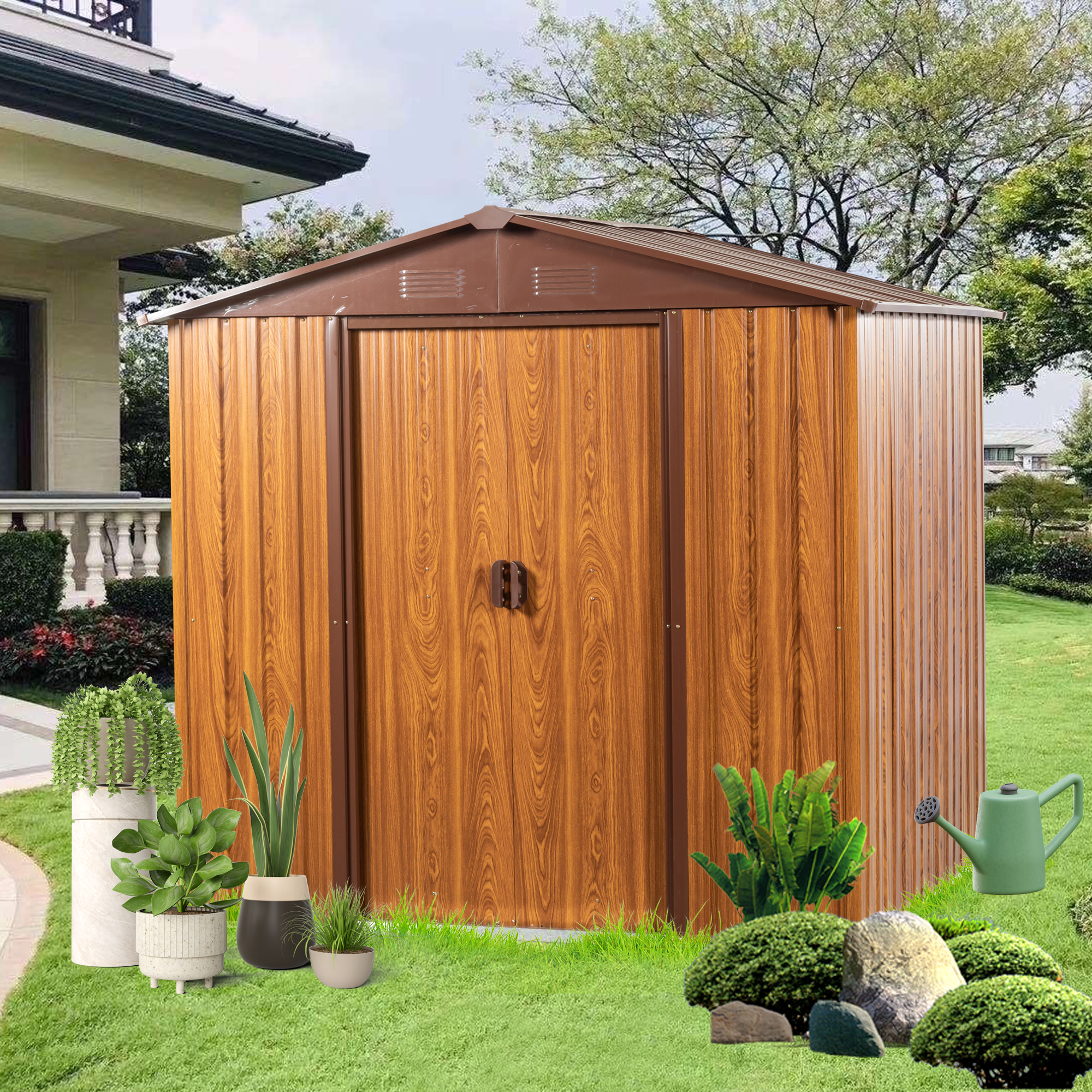 6 Ft. W X 6 Ft. D Metal Storage Shed Appealing Horizontal Siding  In Woodgrain With Coffee Trim To Complement - Image 1