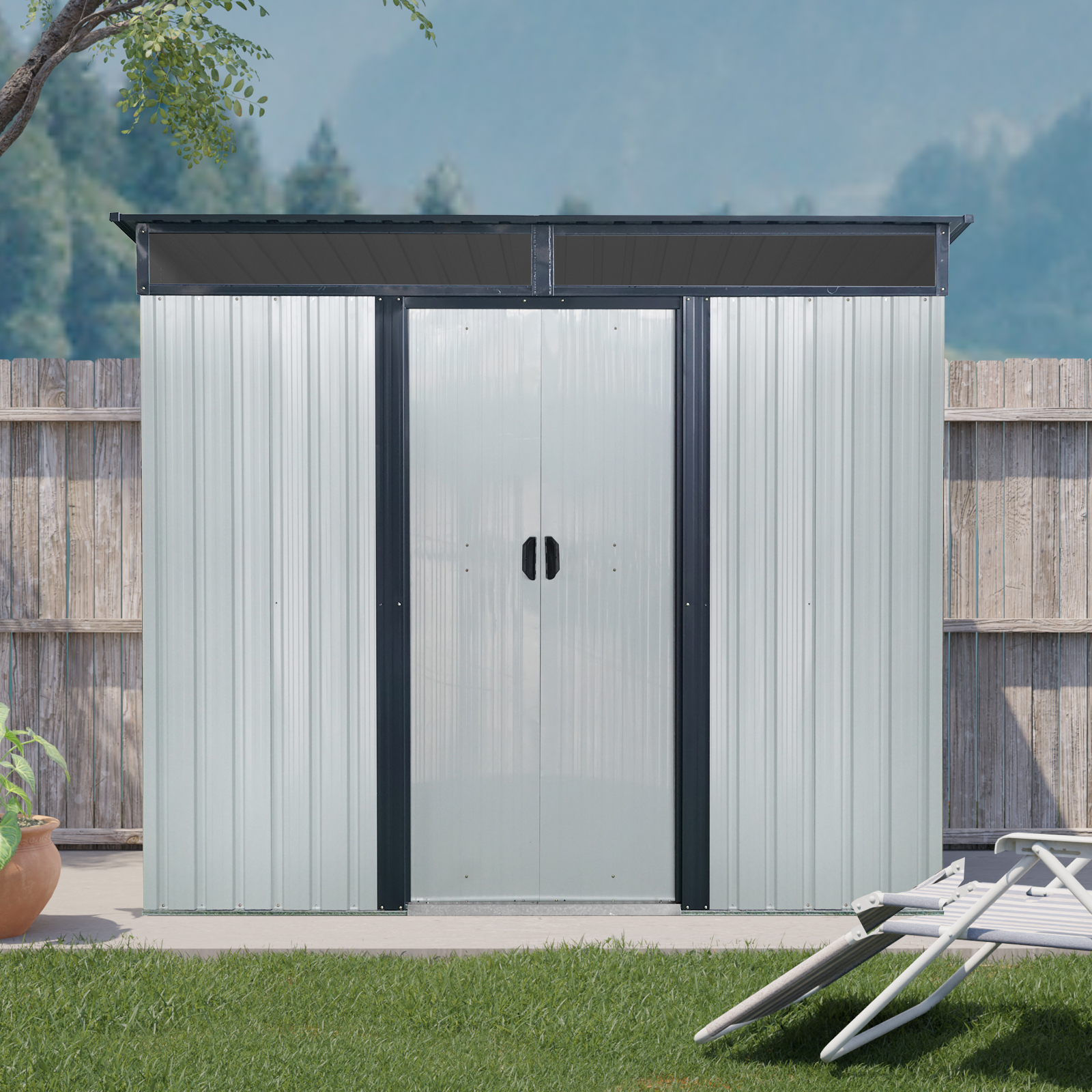 8ft X 6ft Outdoor Metal Storage With Lockable Sliding Doors And Transparent Plate For Garden, Lawn