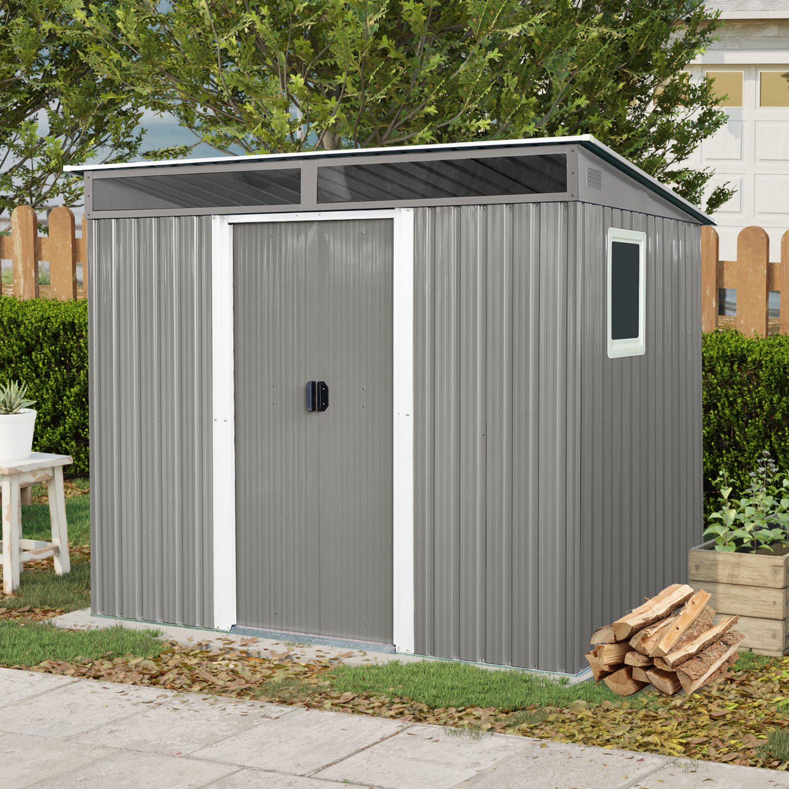 8 Ft X 6 Ft Outdoor Metal Storage Shed With Window,Transparent Plate And Lockable Sliding Door For Garden, Lawn - Image 1