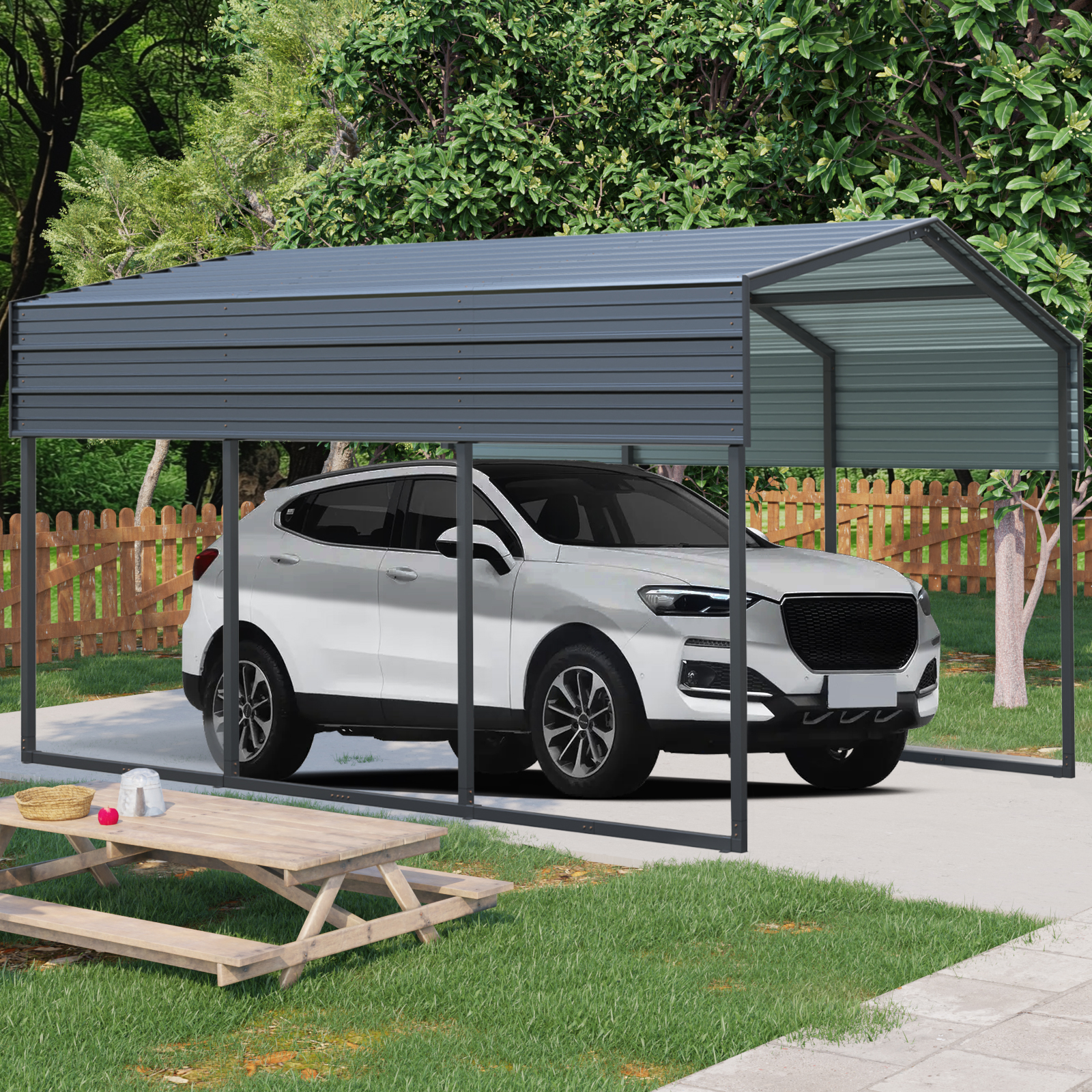 Outdoor Carport, 10 X 15 FT Carport, Heavy Duty Carport Canopy With Galvanized Steel Roof And Frame, Metal Carport Large Garage For Driveway Car, Truck ,302 Ibs - Image 1