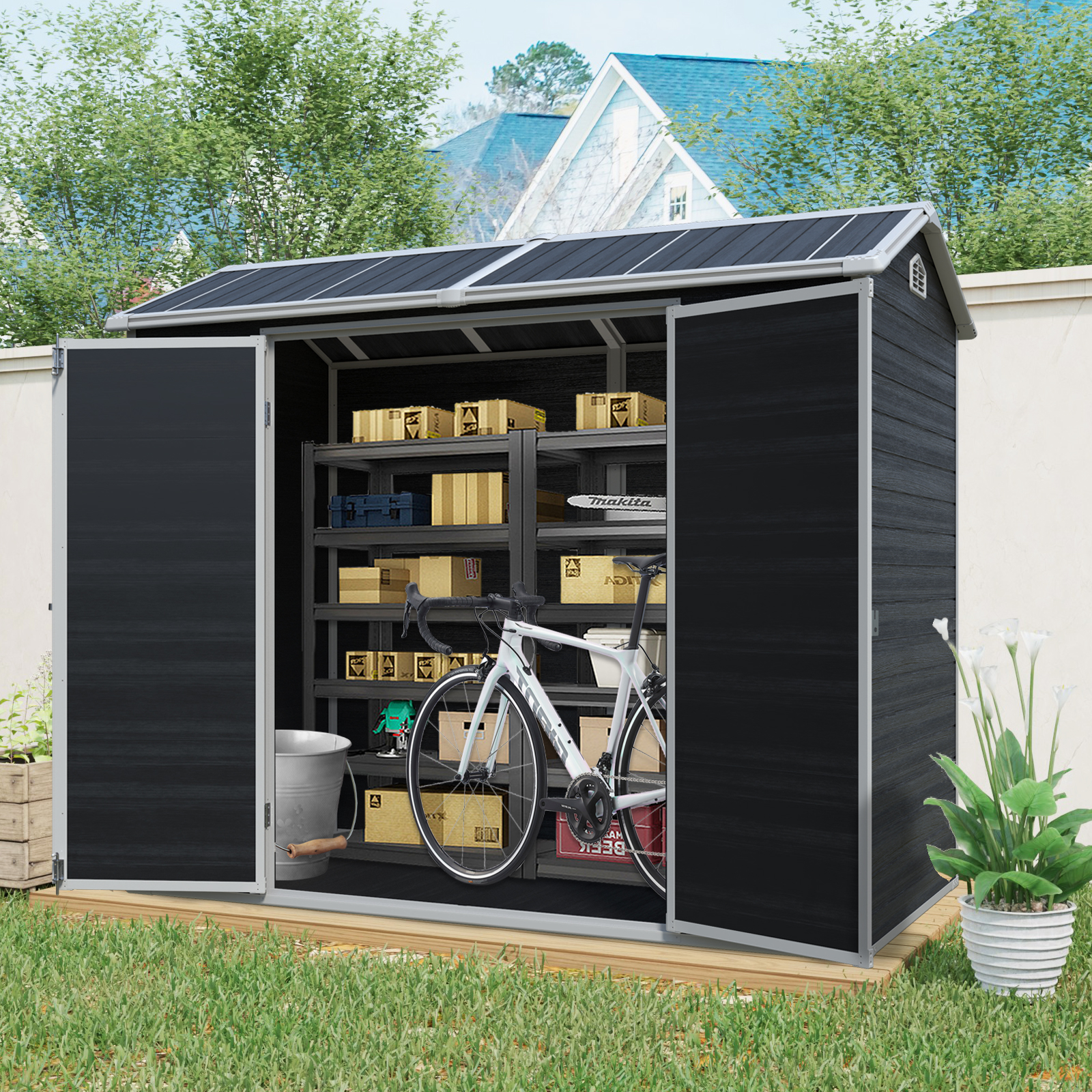 8 Ft X 4 Ft Outdoor Storage Shed With Two-Window And Double-Door, Plastic Shed With Floor For Gargen,Patio,Yard,Lawn,Black - Image 1