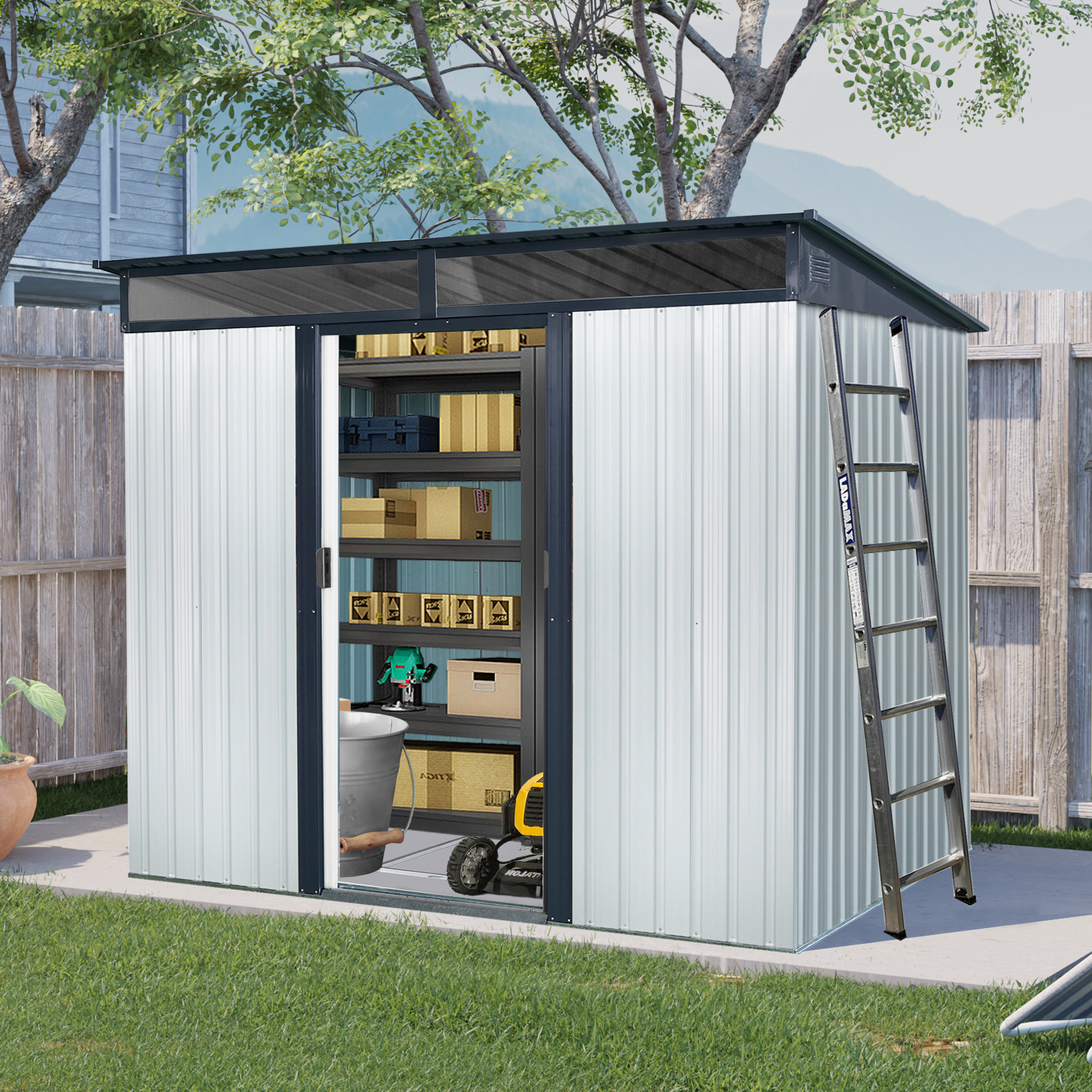 8ft X 6ft Outdoor Metal Storage With Lockable Sliding Doors And Transparent Plate For Garden, Lawn - Image 1