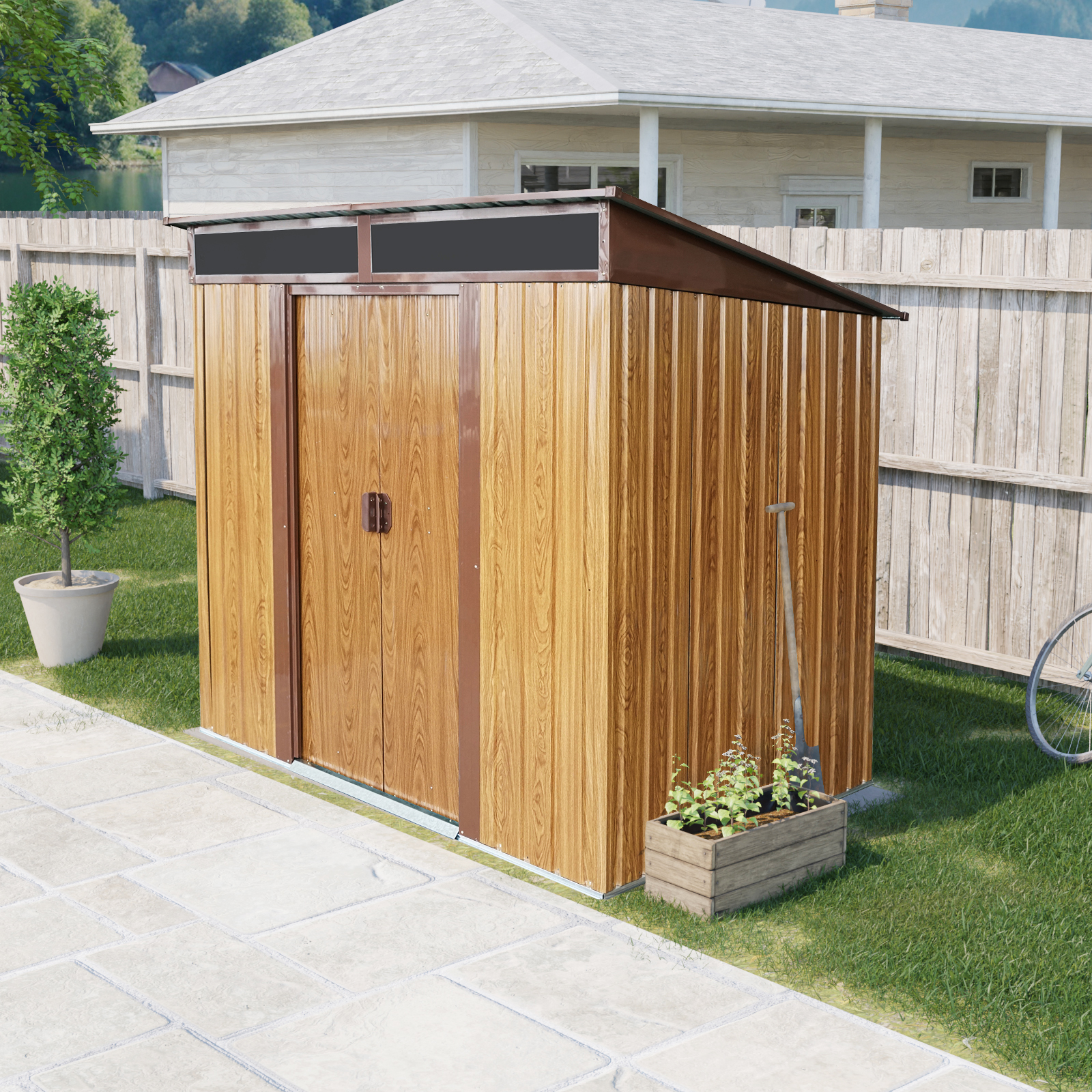 6ft X 5ft Outdoor Metal Storage With Transparent Plate And Foundation For Backyard Garden Patio --Coffee - Image 1