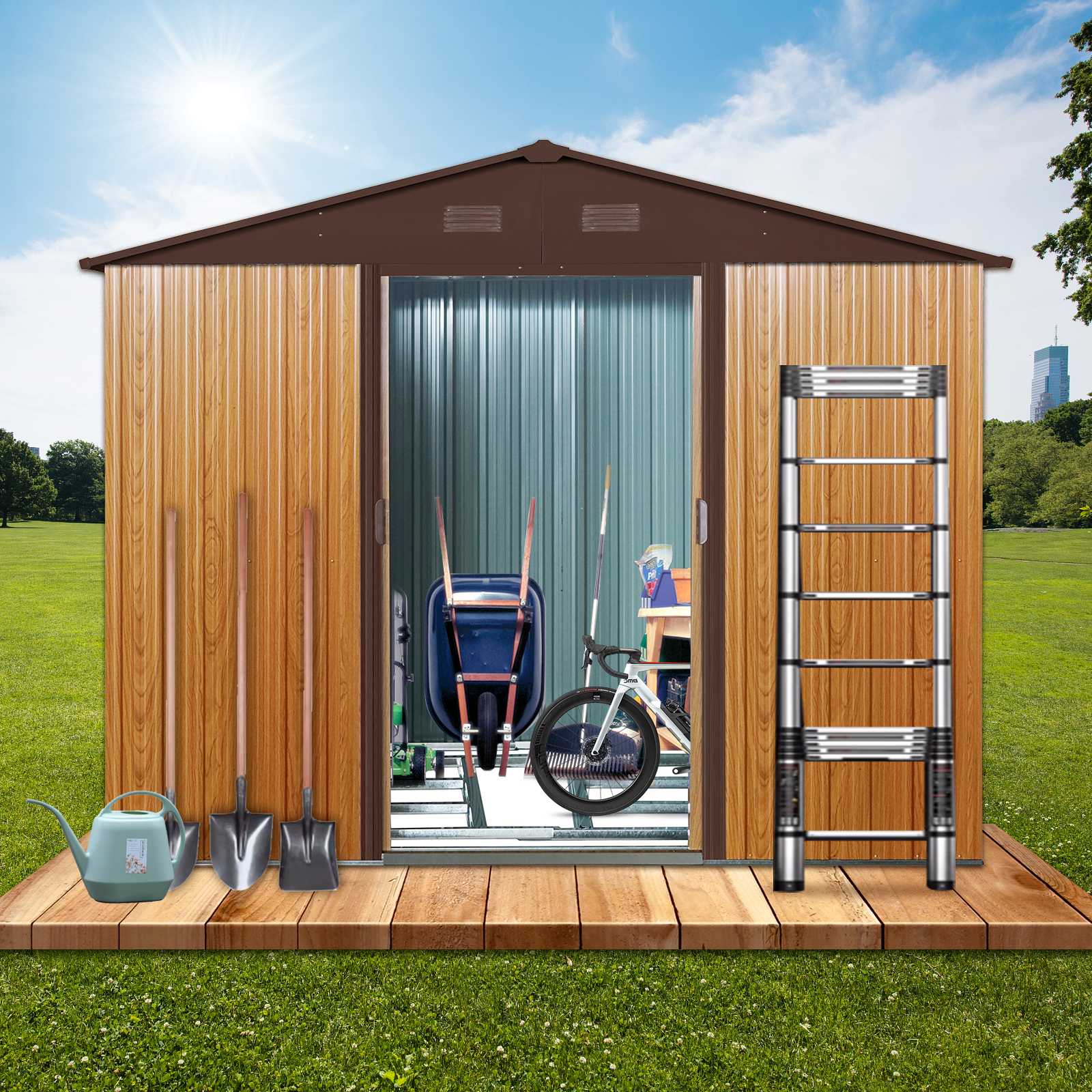 8ft X 6ft Outdoor Metal Storage Shed With Metal Foundation,Coffee - Image 1