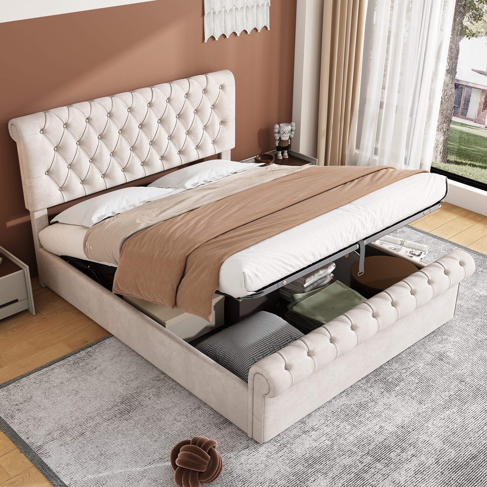 Upholstered Double Bed  4ft6,135X190 , Luxurious Velvet Button-Tufted Sleigh Bed Storage, Functional Bed With Slatted Frame And Storage, Beige