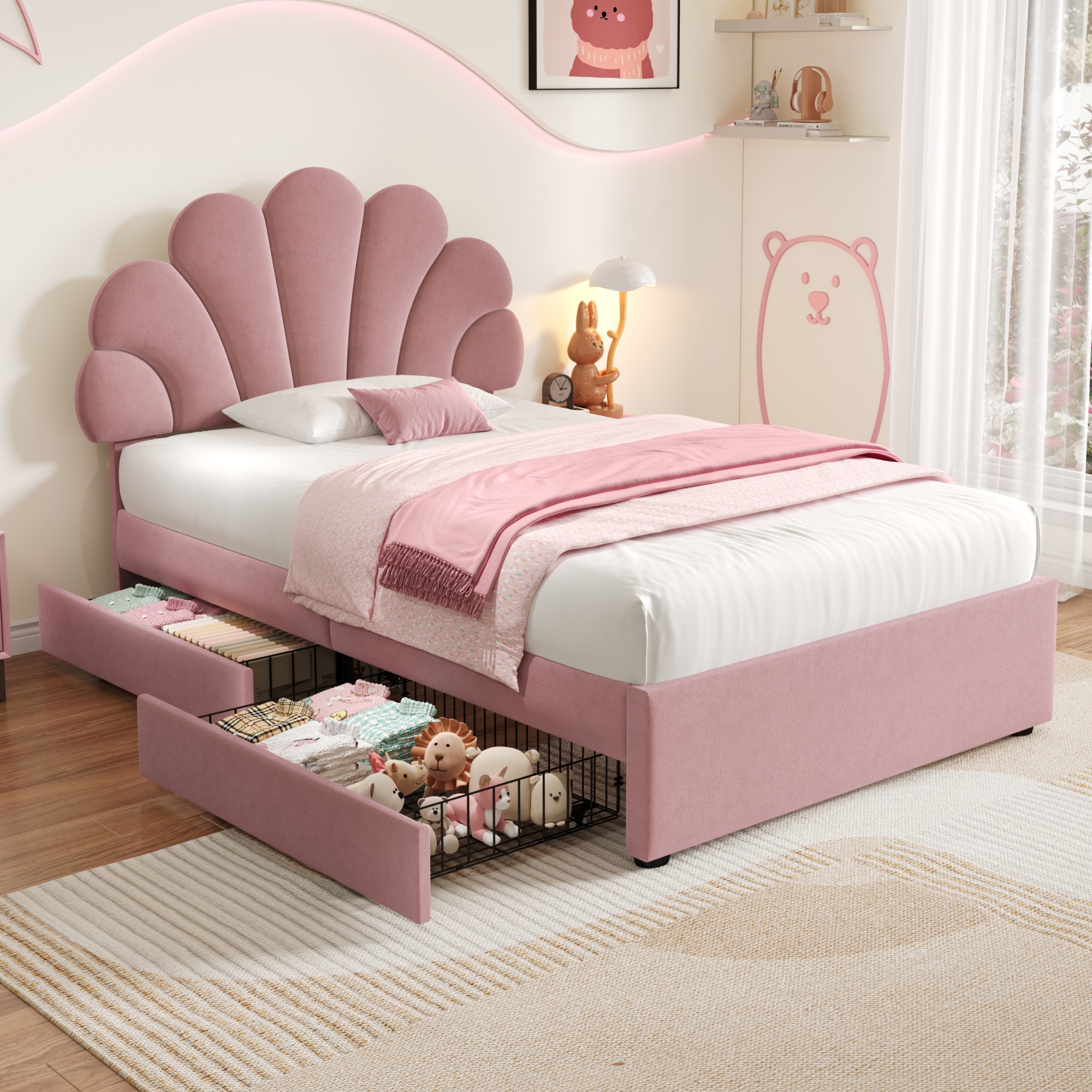 3ft Single Upholstered Bed With Adjustable Chic Petal Headboard, Soft Velvet Bed Frame With 2 Storage Drawers, Petal Bed With Solid Wood Slat, No Box Spring Needed, Easy Assembly, Pi Nk  No Mattress