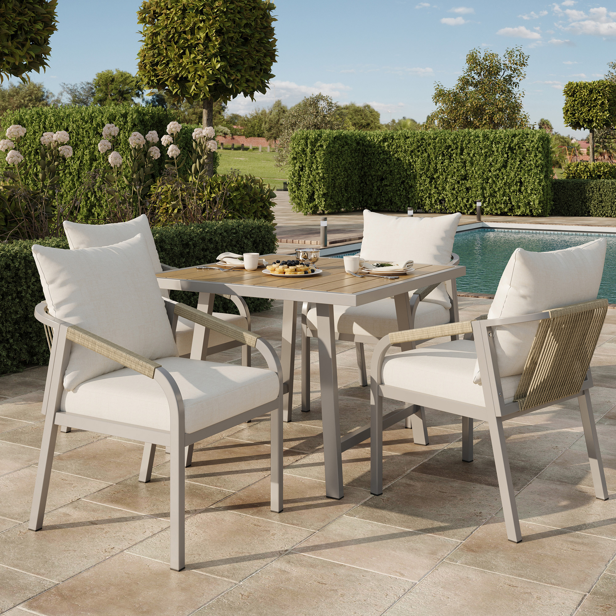 4 Seater Garden Dining Set, Galvanized Iron Frame Outdoor Patio Furniture,Includes 4 Chairs And 1 Table, Plastic Wood Tabletop, Chairs With Woven Rope, Tabletop With Umbrella Holes, Beige