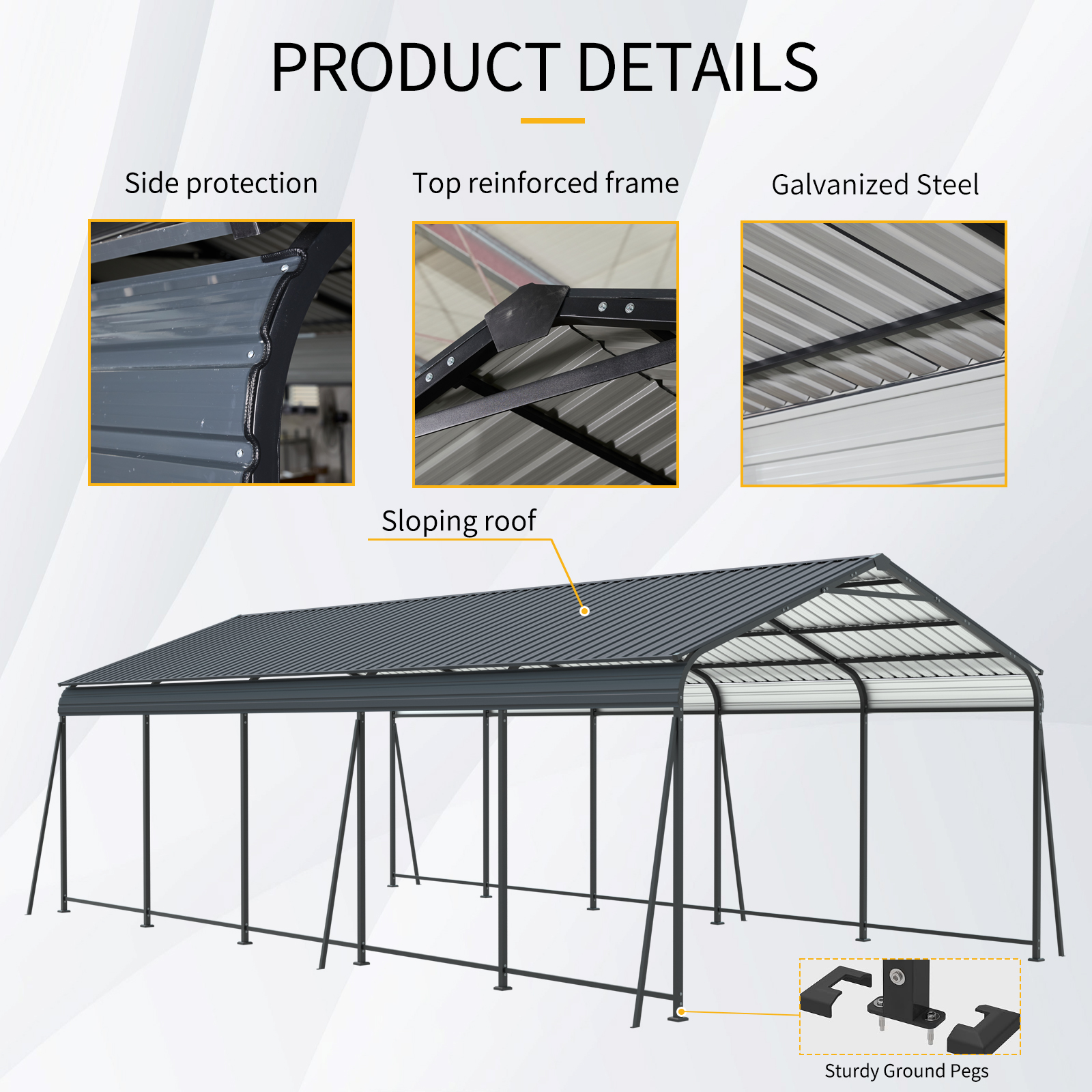 13x26.5 FT Carport, Heavy Duty Carport Canopy With Galvanized Steel Roof And Frame, Metal Carport Large Garage With 6 Fixed Inclined Square Tube Supports For Driveway Car, Truck