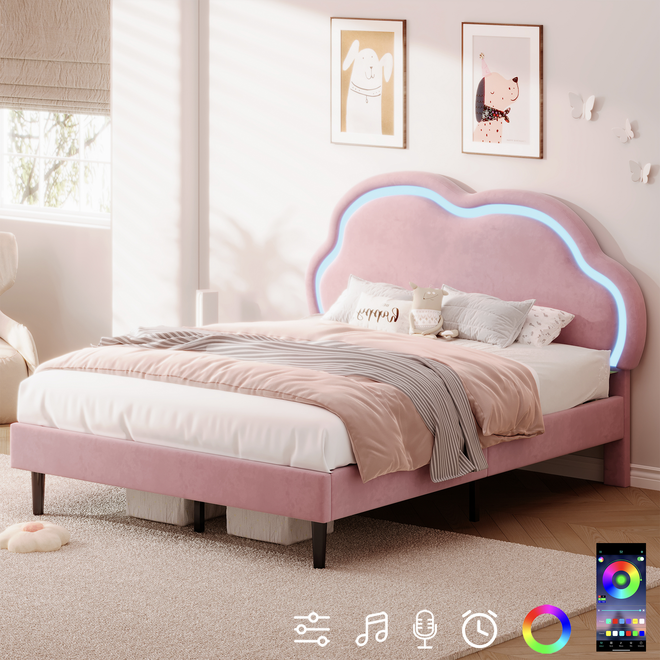 4ft6 Double Upholstered Bed With LED Adjustable Cute Cloud Headboard, Soft Velvet Bed Frame With Solid Wood Slat, No Box Spring Needed, Easy Assembly, P Ink  No Mattress