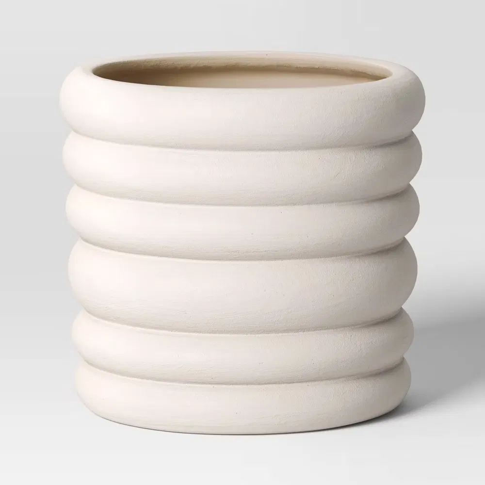 Banded Stoneware Indoor Outdoor Planter Pot White 8.125"x8.125"x8" 6