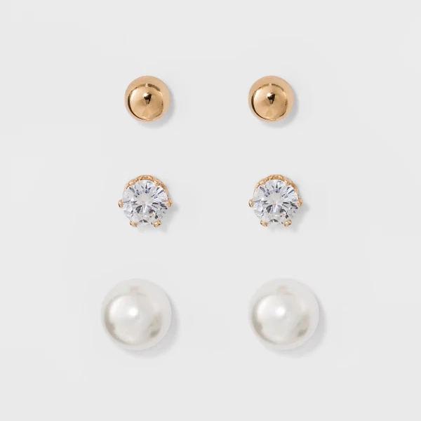 Stud Earring Set 3pk - Gold/Silver: Hypoallergenic Glass & Brass, Nickel-Free...