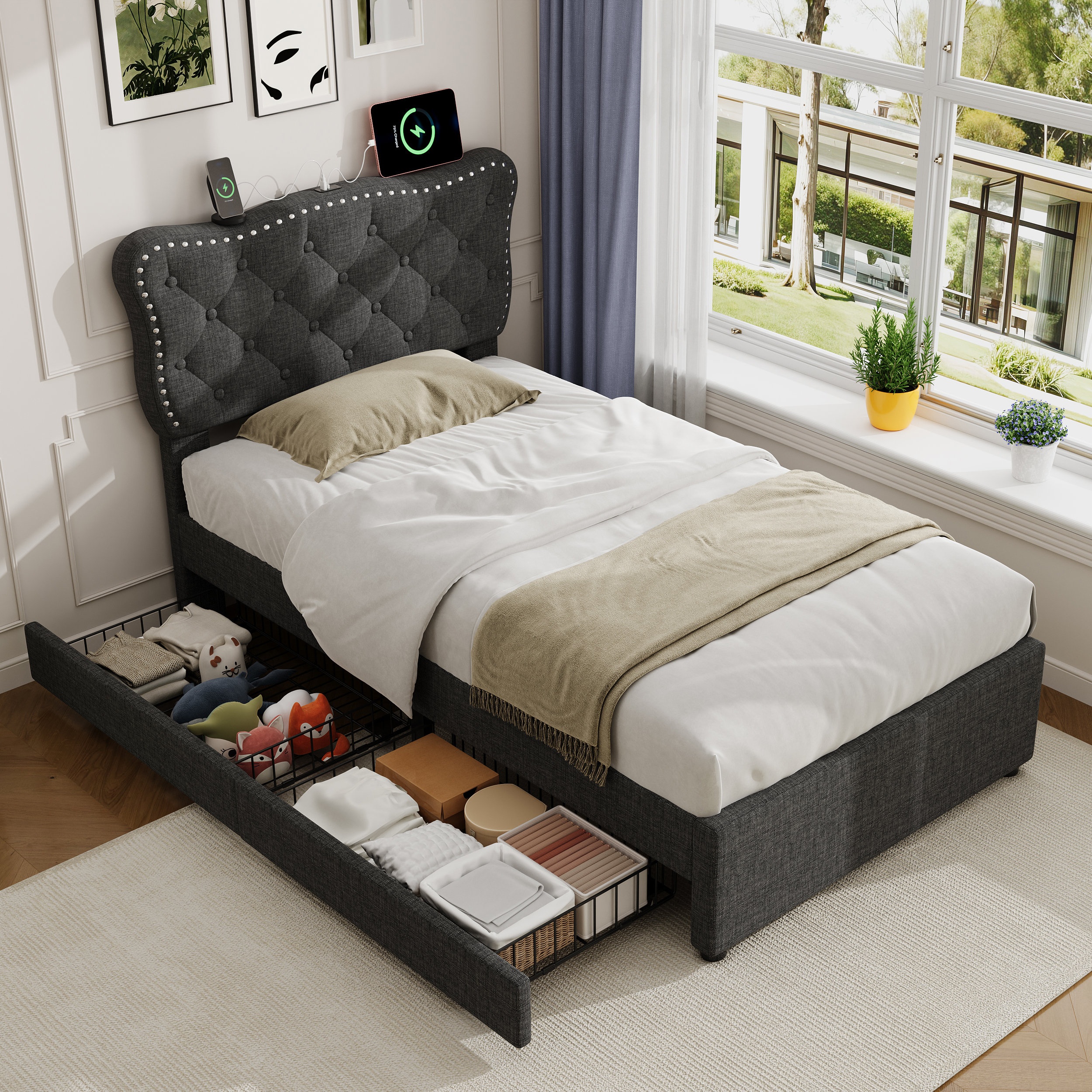 3ft Single Upholstered Bed With Rivet Design And Charging Station, Two Storage Drawers, Adjustable Button Tufted Headboard With USB & Type-C Ports, No Box Spring Needed, Linen, Grey  No Mattress