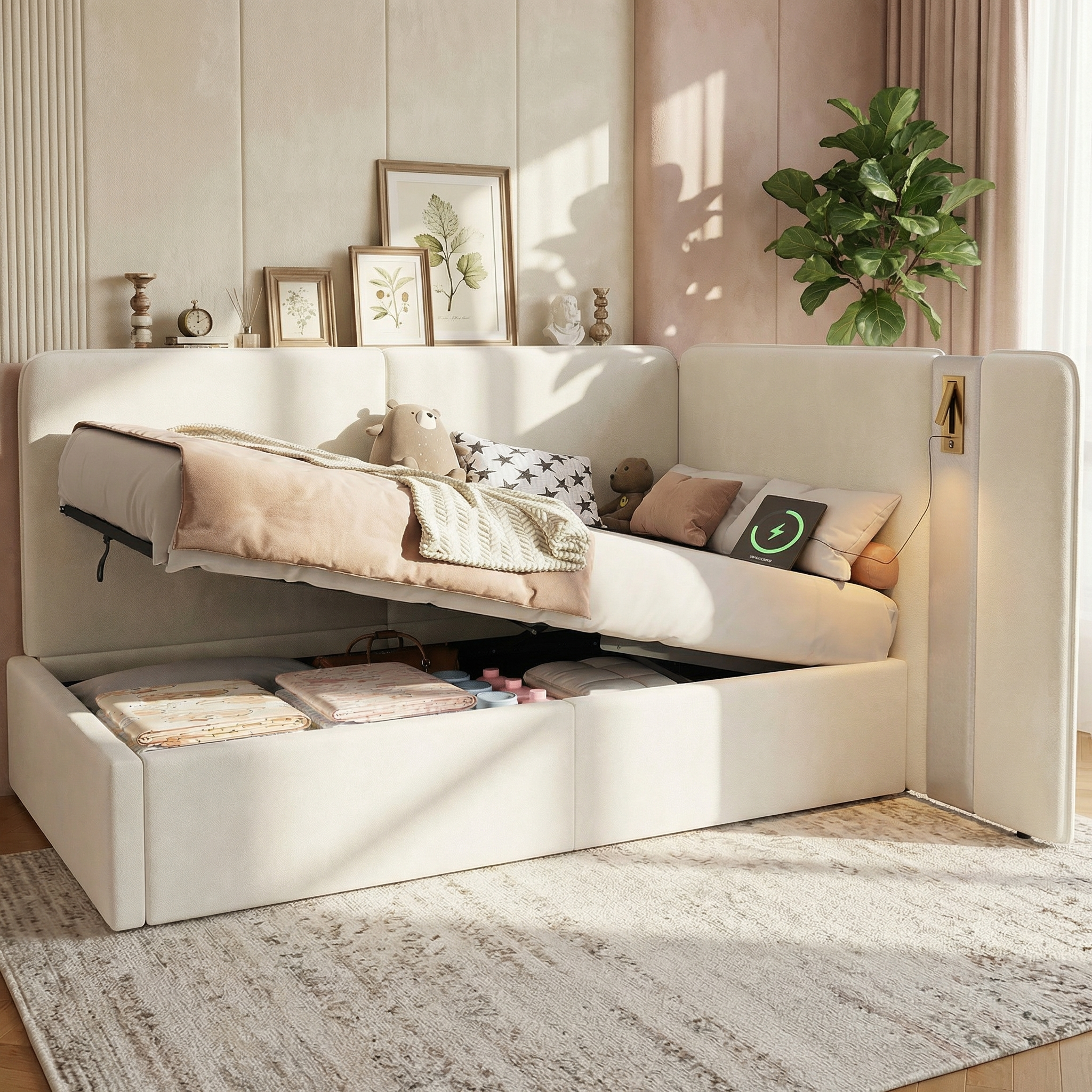 Daybed,  3FT Single Bed 90x190cm, L-shaped Upholstered With Storage, Sofa Bed, Hydraulic Bed With USB Charging Port And Reading Lamp, Velvet, Beige
