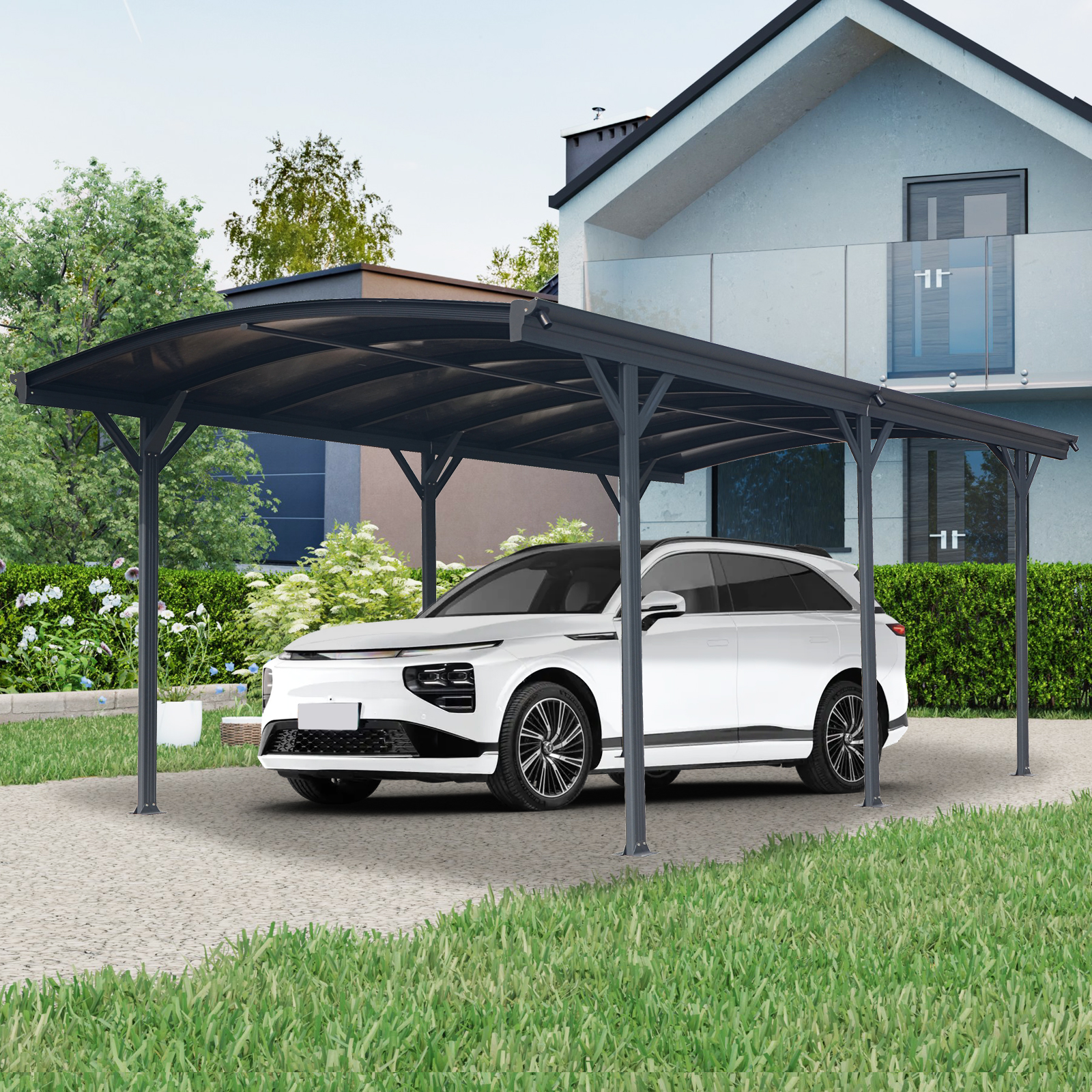 Outdoor Carport, 10 FT X 19 FTx 7 FT Arch Carport Aluminum Metal Frame And Polycarbonate Panels Car Port For Outdoor Driveway Car, Truck - Image 1