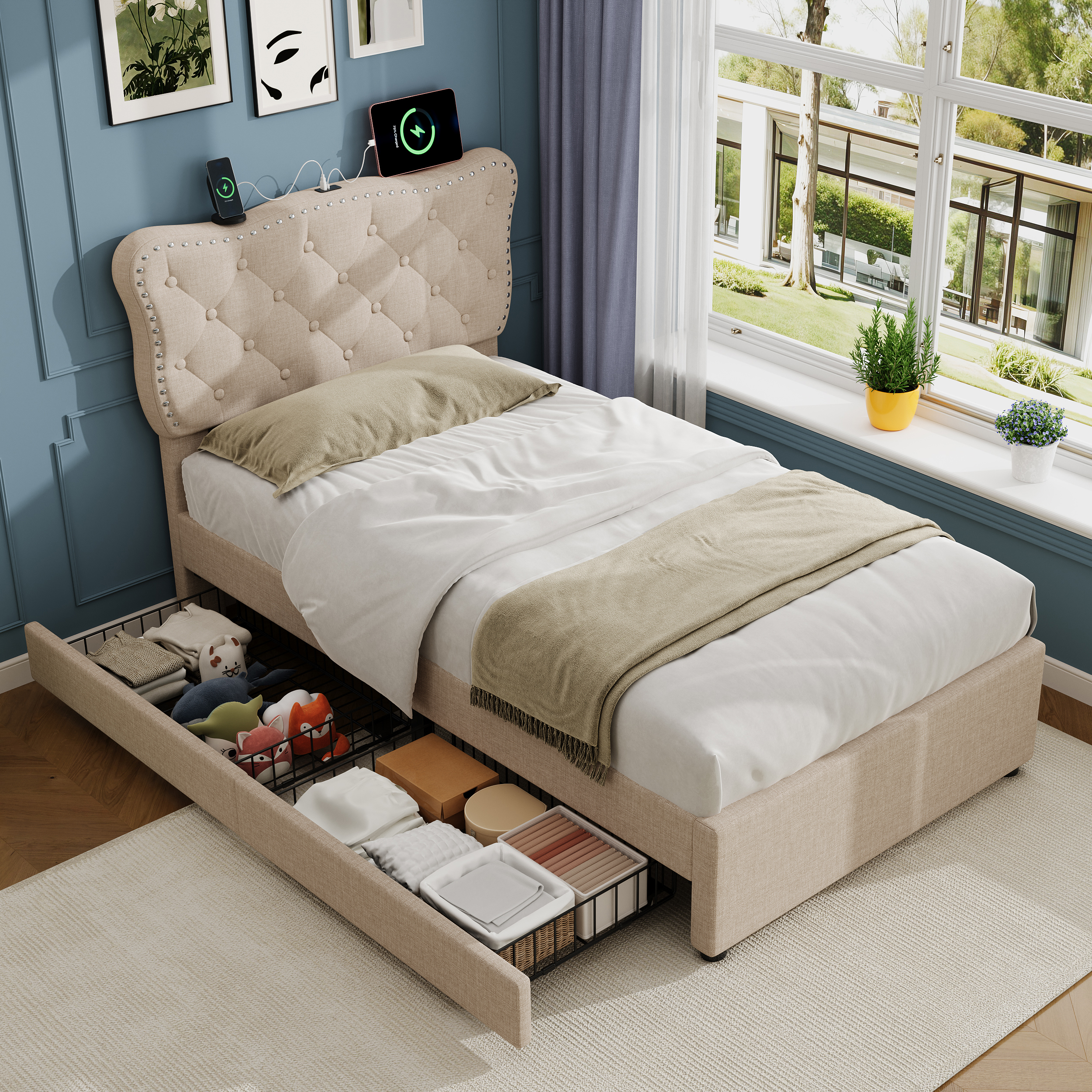 3ft Single Upholstered Bed With Rivet Design And Charging Station, Two Storage Drawers, Adjustable Button Tufted Headboard With USB & Type-C Ports, No Box Spring Needed, Linen, Beige   No Mattress